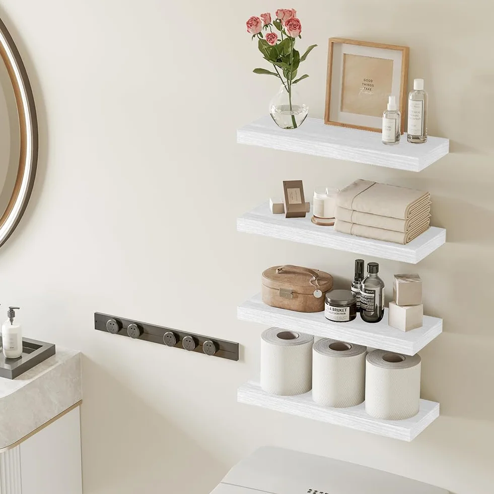 BAKAJI Set 4 Mensole da Parete in Legno Massiccio, Scaffali a Muro Multiuso con Staffe a Scomparsa in Metallo, Scaffalatura per Camera da Letto, Soggiorno, Cucina, Bagno, 40 x 14 x 3 cm (Bianco)