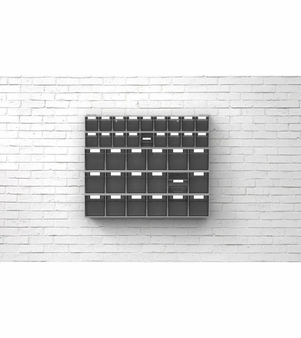 Fami - Cassettiera Porta Minuteria da Muro, Scaffali e Carrelli per Garage, Officina e Magazzini, 6 Cassetti Trasparenti Visual Box, Pannello Porta Viti e Bulloni, Dimensioni: 60 x 9,6 x 11,2 cm