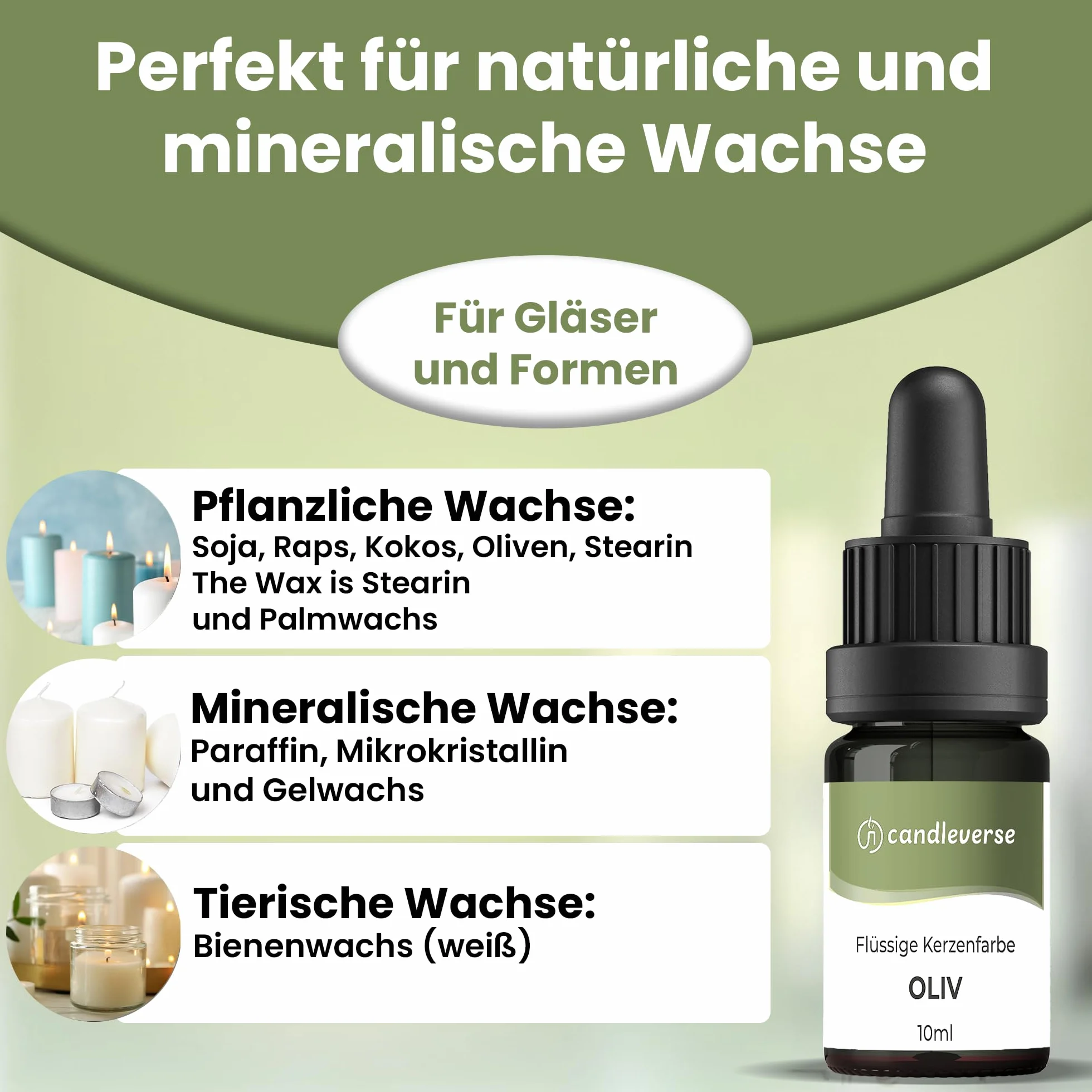 Colore liquido di alta qualità [oliva] | Colore altamente concentrato per la produzione di candele fai da te | Bottiglia da 10 ml