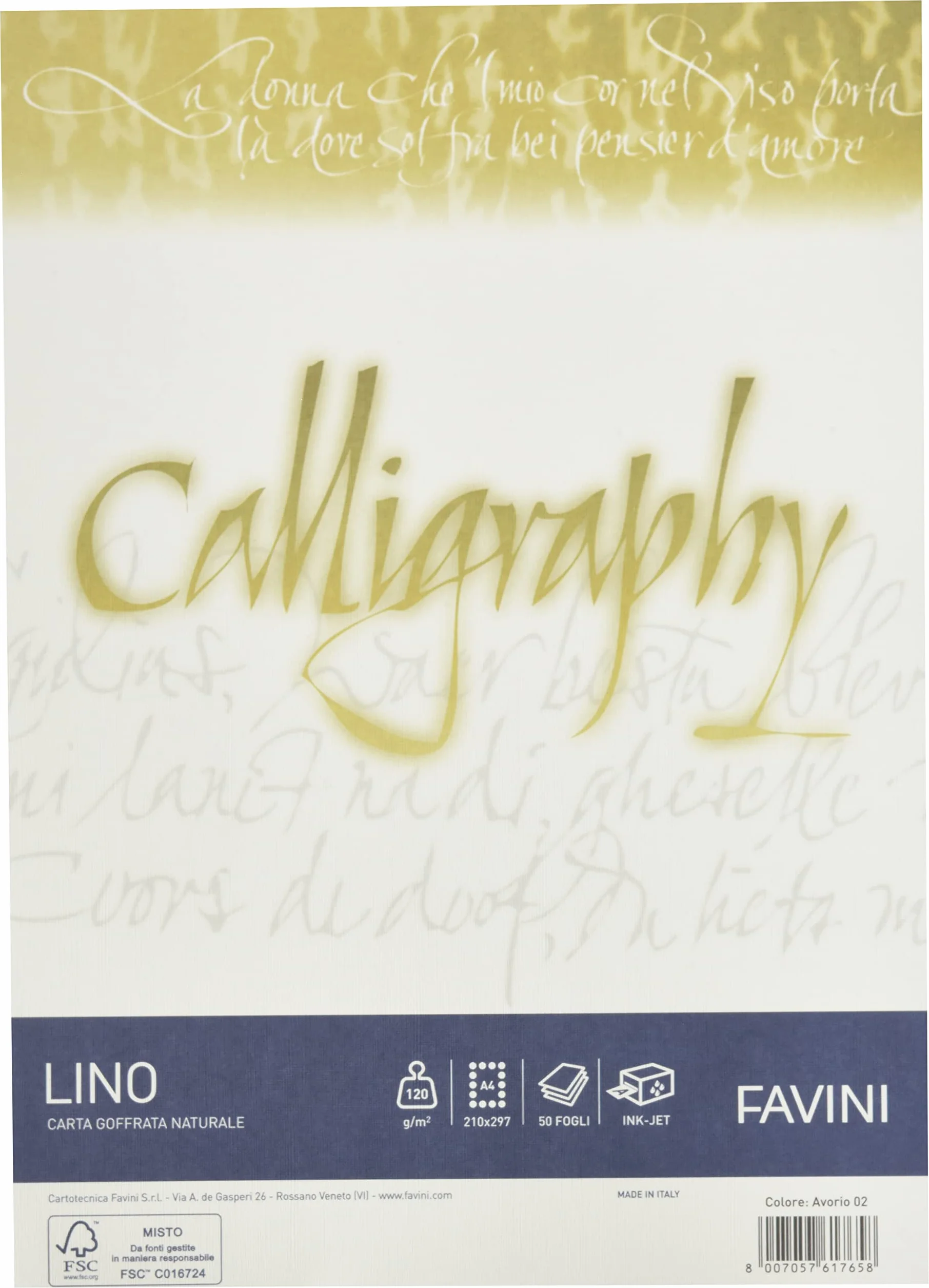 Favini A69Q514 Calligraphy Lino colore Avorio 120 gr/m2 formato A4 21x29,7 cm 50 fogli ideali per Inviti Partecipazioni Diplomi Menù Made in Italy