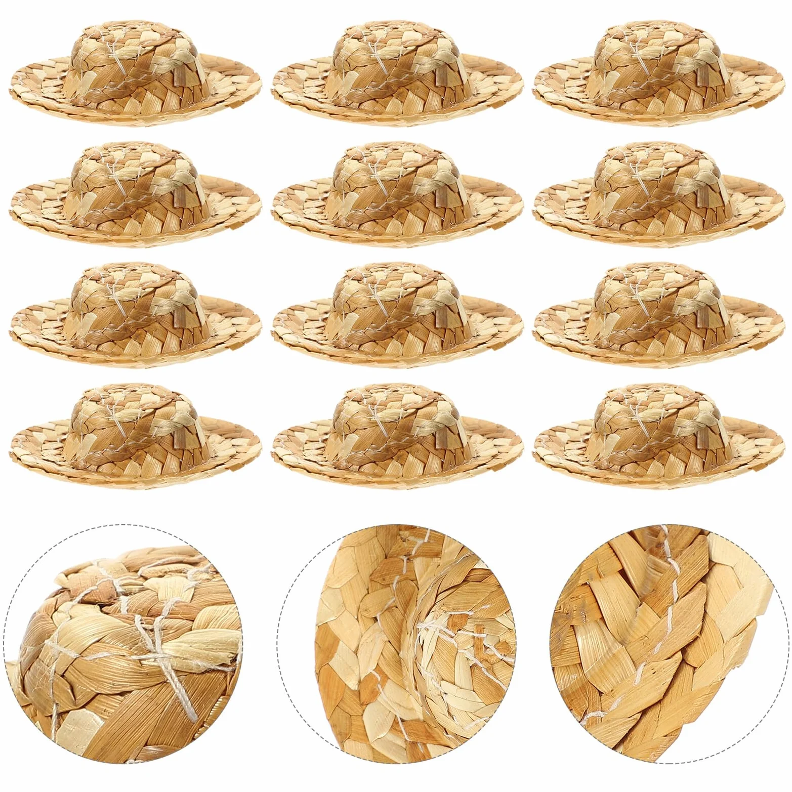 STOBAZA 12 Pezzi Cappelli di Paglia Intrecciati Miniature Cappellini Beige in Materiale Sintetico Leggero e Sicuro per Bambole e Animali Domestici Accessori per Feste e Gioco