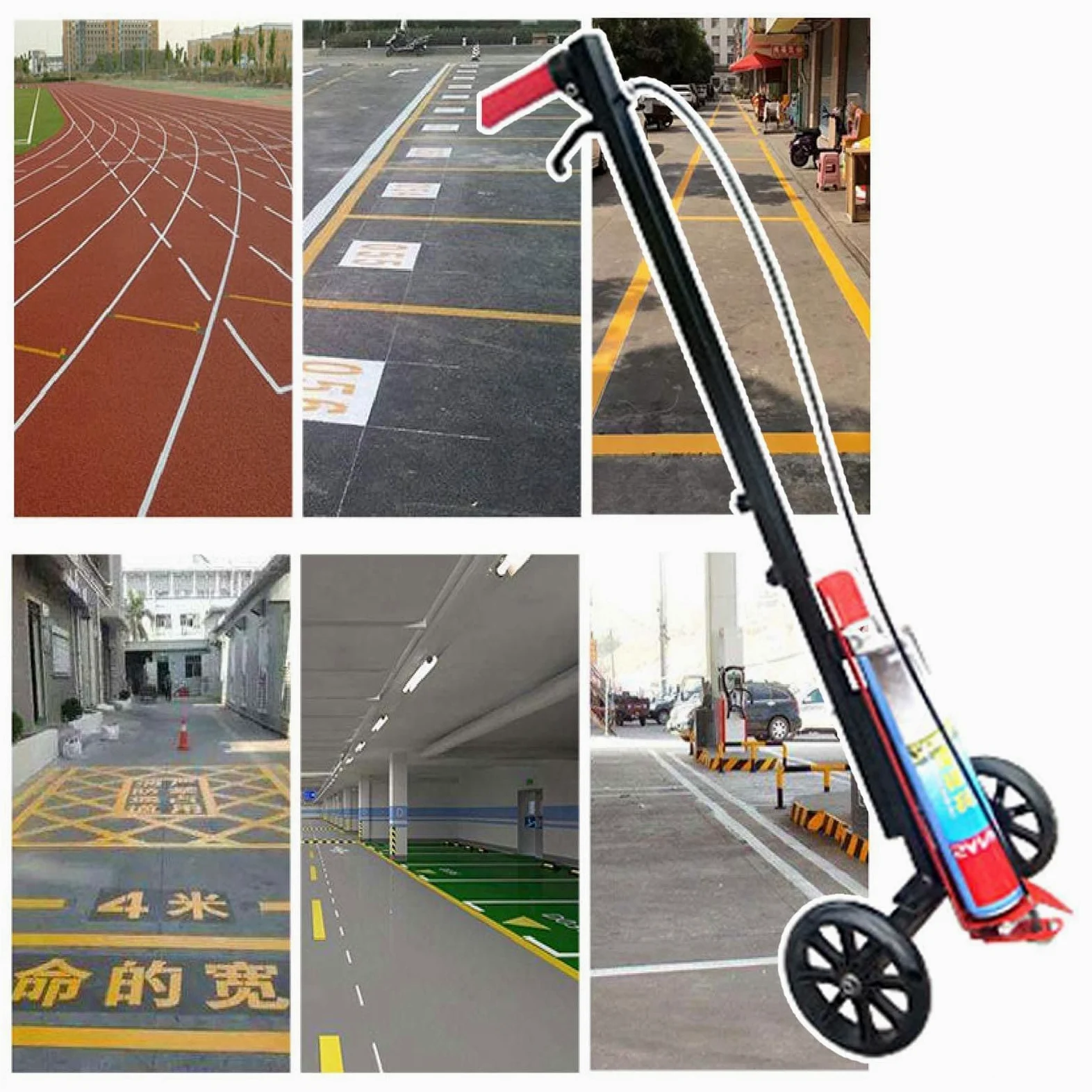 Macchina per marcatura della vernice spray stradale - disegna linee rette, curve, cerchi per strade, fabbriche, garage, stadi