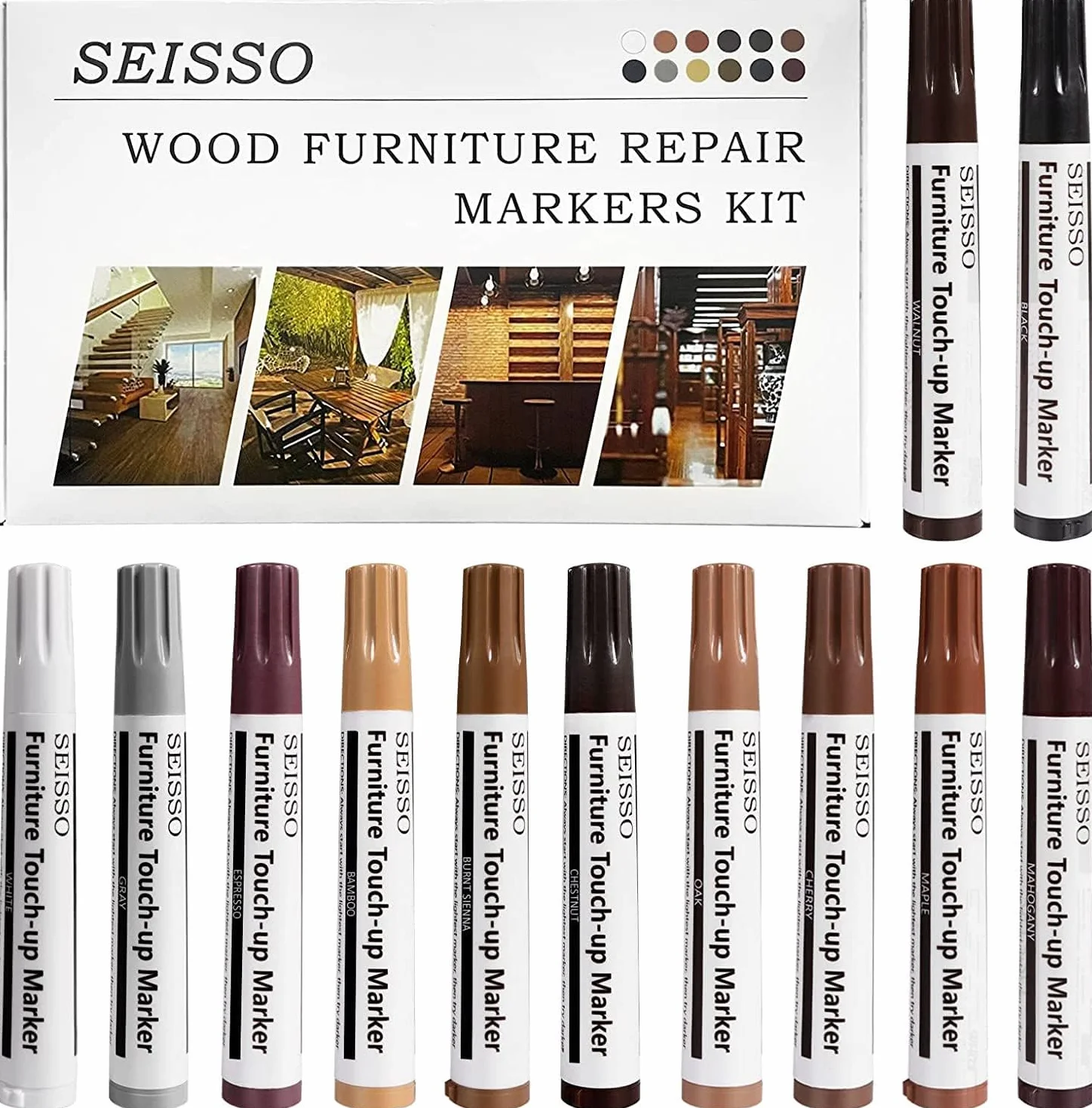 SEISSO Kit di Riparazione per Mobili in Legno, Kit da 12 Pennarelli Ritocco Legno, per Macchie, Graffi, Pavimenti, Tavoli, Scrivanie, Falegnami, Lettini