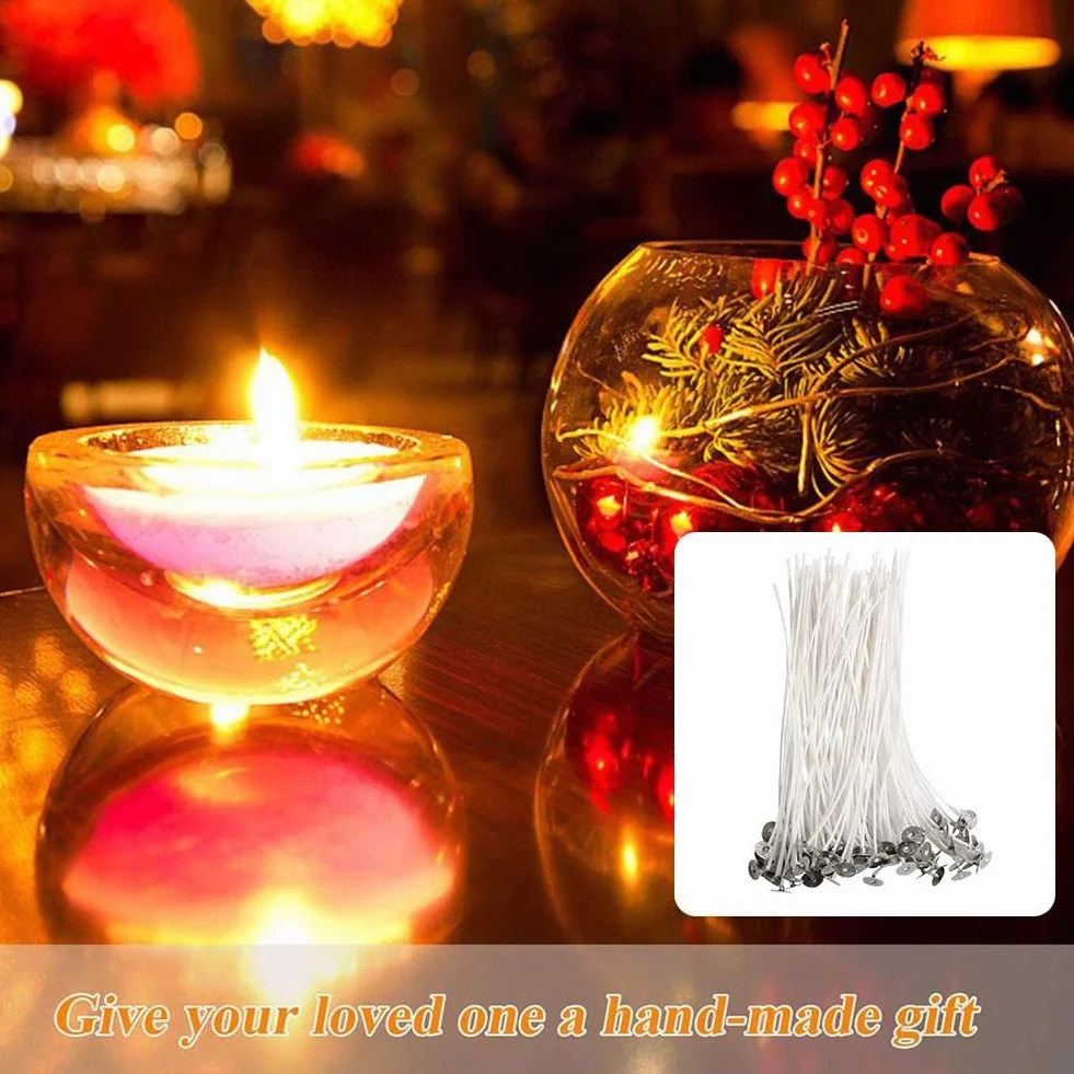100 stoppini per candele in cotone naturale, commestibili per uso alimentare, con linguette di supporto in metallo, per realizzare candele a colonna e fai da te (10 cm)