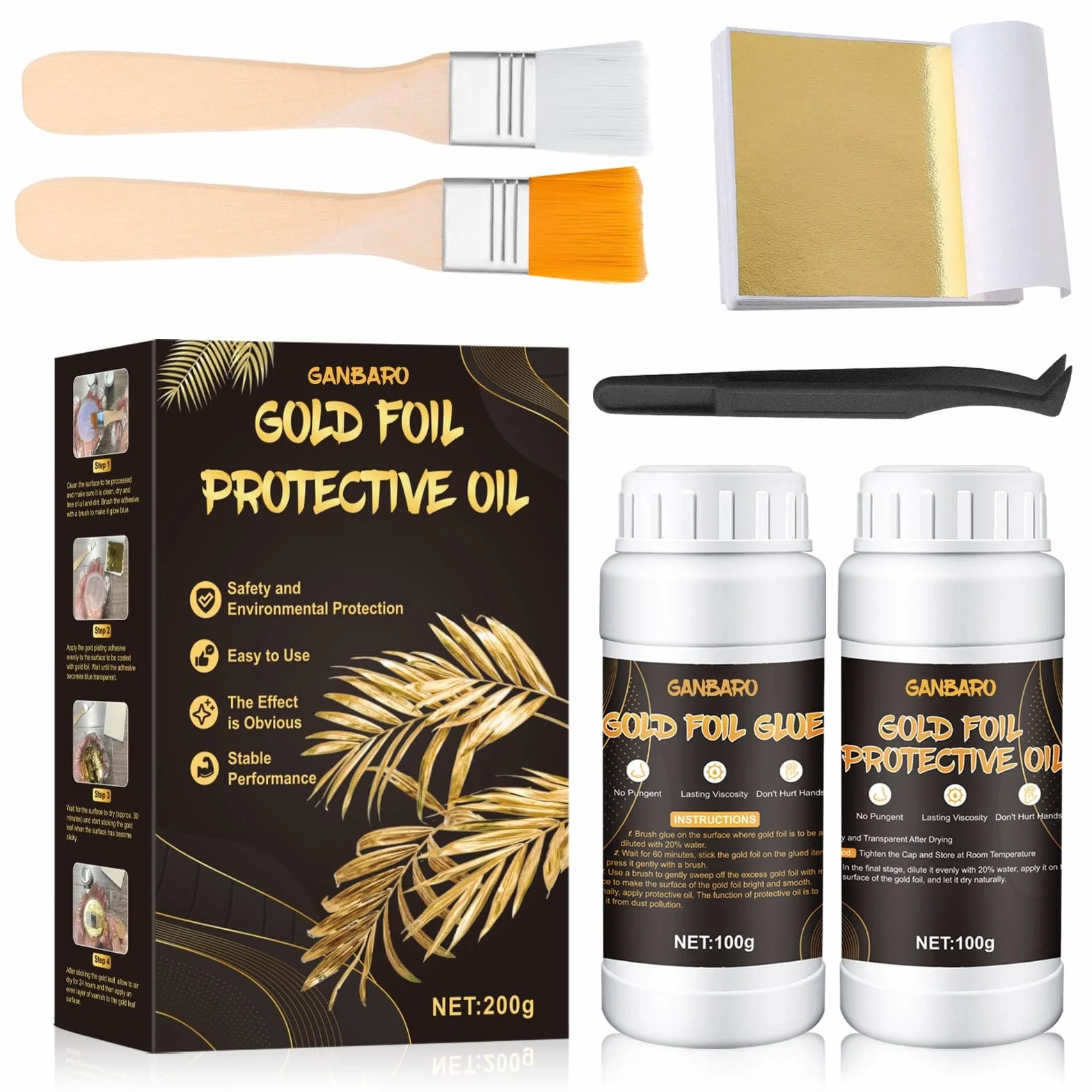 ALLONY Colla Foglia d'Oro 100 Pezzi, Include Colla da 100 ml e Vernice Protettiva a Base d'Acqua da 100 ml per Lavori Manuali Pittura