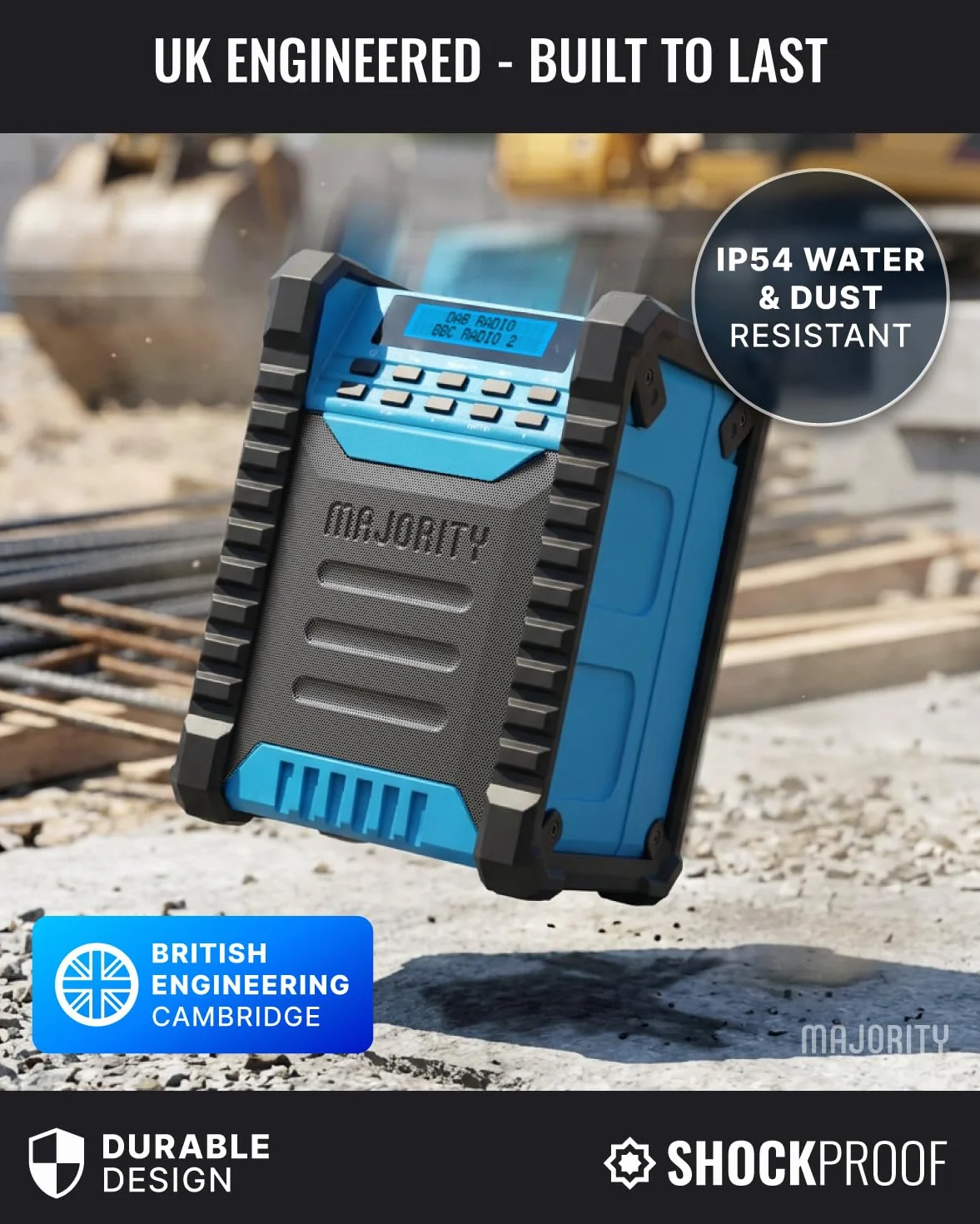 MAJORITY Landbeach radio da cantiere portatile | Batteria da 10.000 mAh DAB/DAB+ & FM radio ricaricabile con Bluetooth | Grado di protezione IP54 contro polvere e acqua.