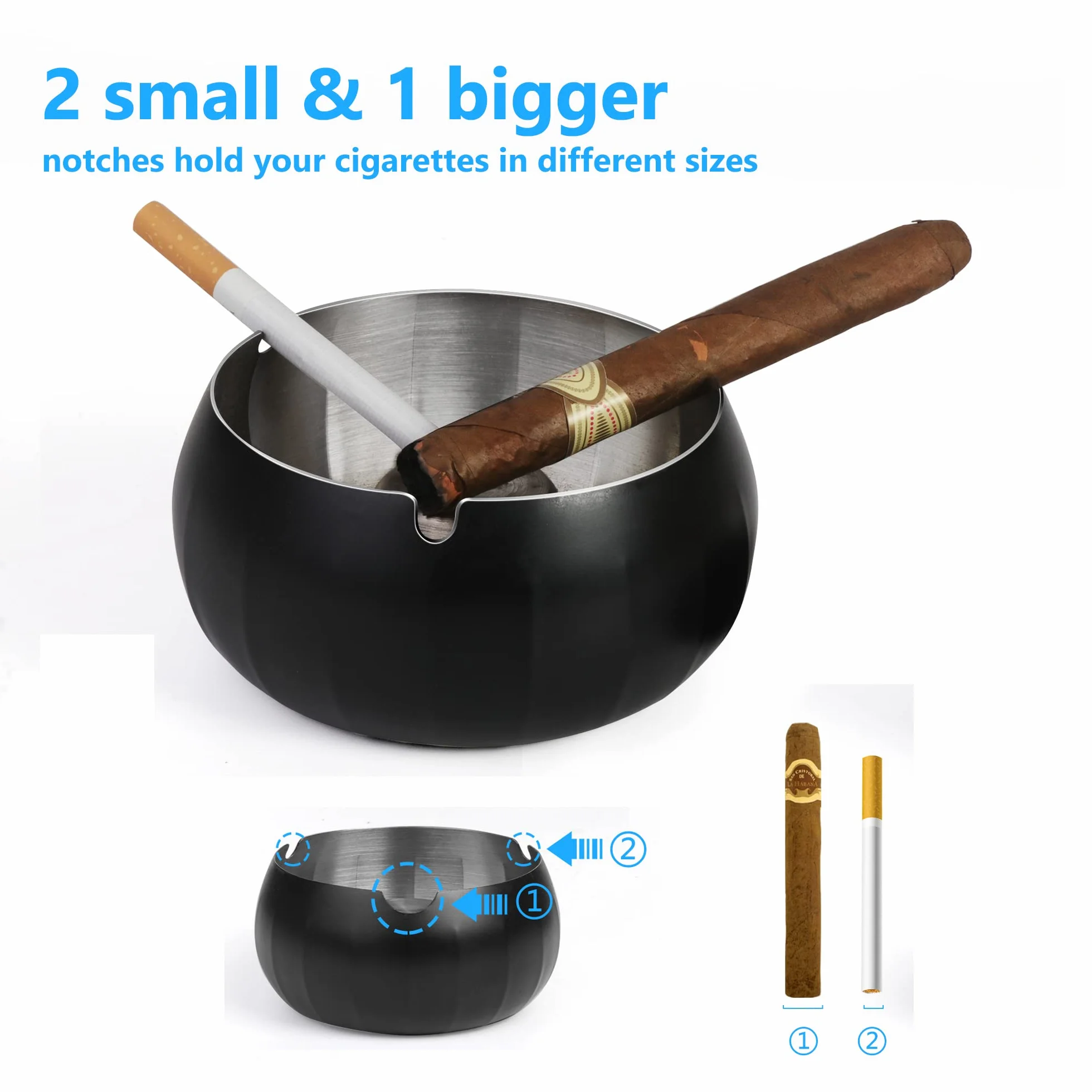 Posacenere in Acciaio Inossidabile con Coperchi, Vassoio Cenere Inodore Senza Fumo, per Ufficio Casa Balcone Esterno (Nero)