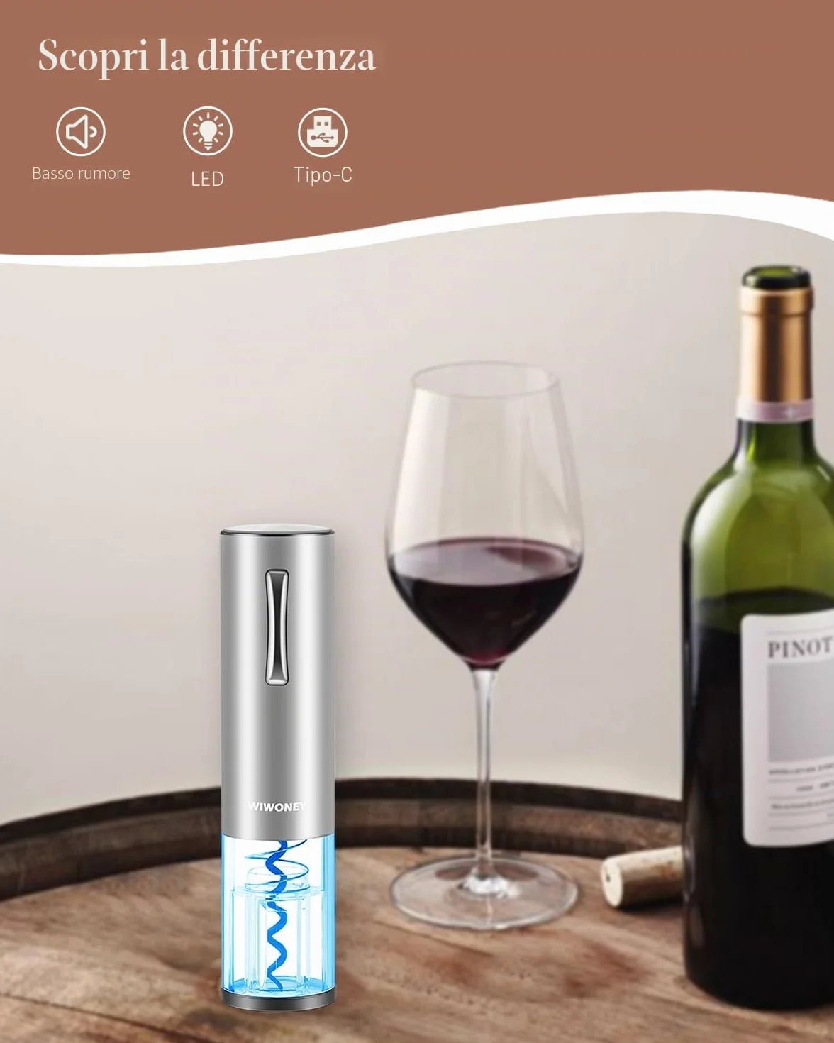 Cavatappi Elettrico Ricaricabile in Acciaio INOX, Apribottiglie Elettrico Professionale con Dispositivo di Rimozione Della Iamina e Cavo di Ricarica Micro USB