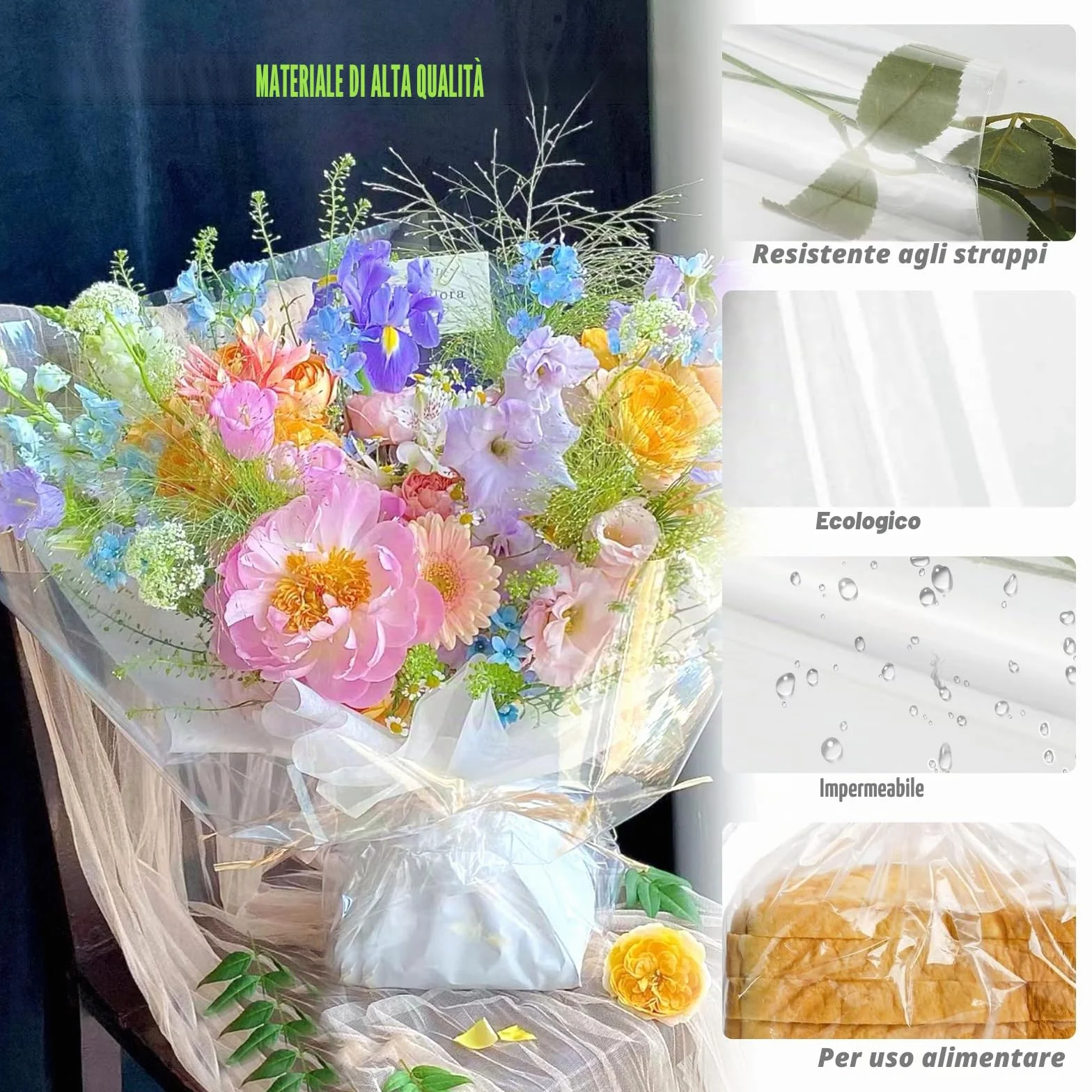 GIBOHOM 86 CM x 30 M Papier Transparent Emballage, 3 Mil Cellophane Emballage Transparent Papier Emballage Fleuriste, Papier Cadeau pour Fleurs, Artisanat, Bonbons, Paniers Cadeaux(86CM plié à 43CM)