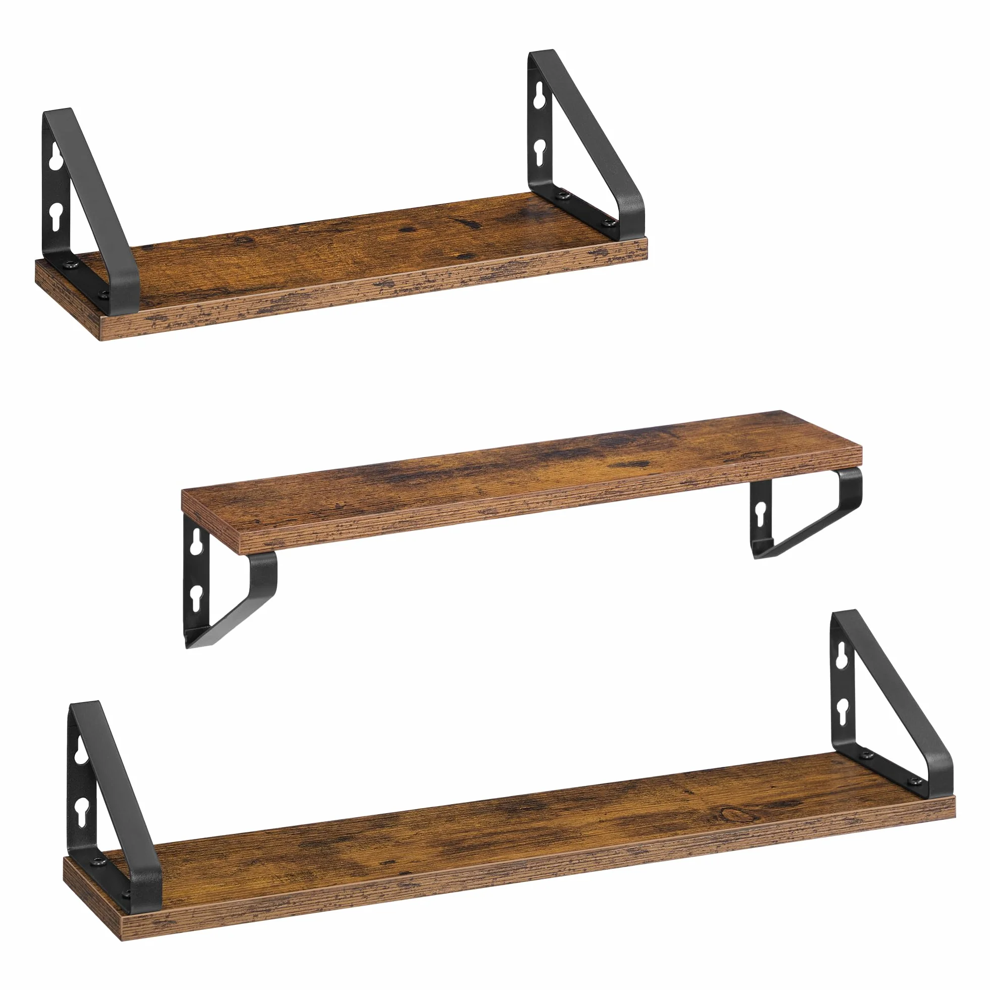 VASAGLE Mensole da Muro, Mensole da Parete, Set di 3, 2 Modalità di Montaggio, 40/50/60 cm, per Soggiorno Cucina Studio Bagno, Marrone Vintage e Nero Opaco LWS043K01