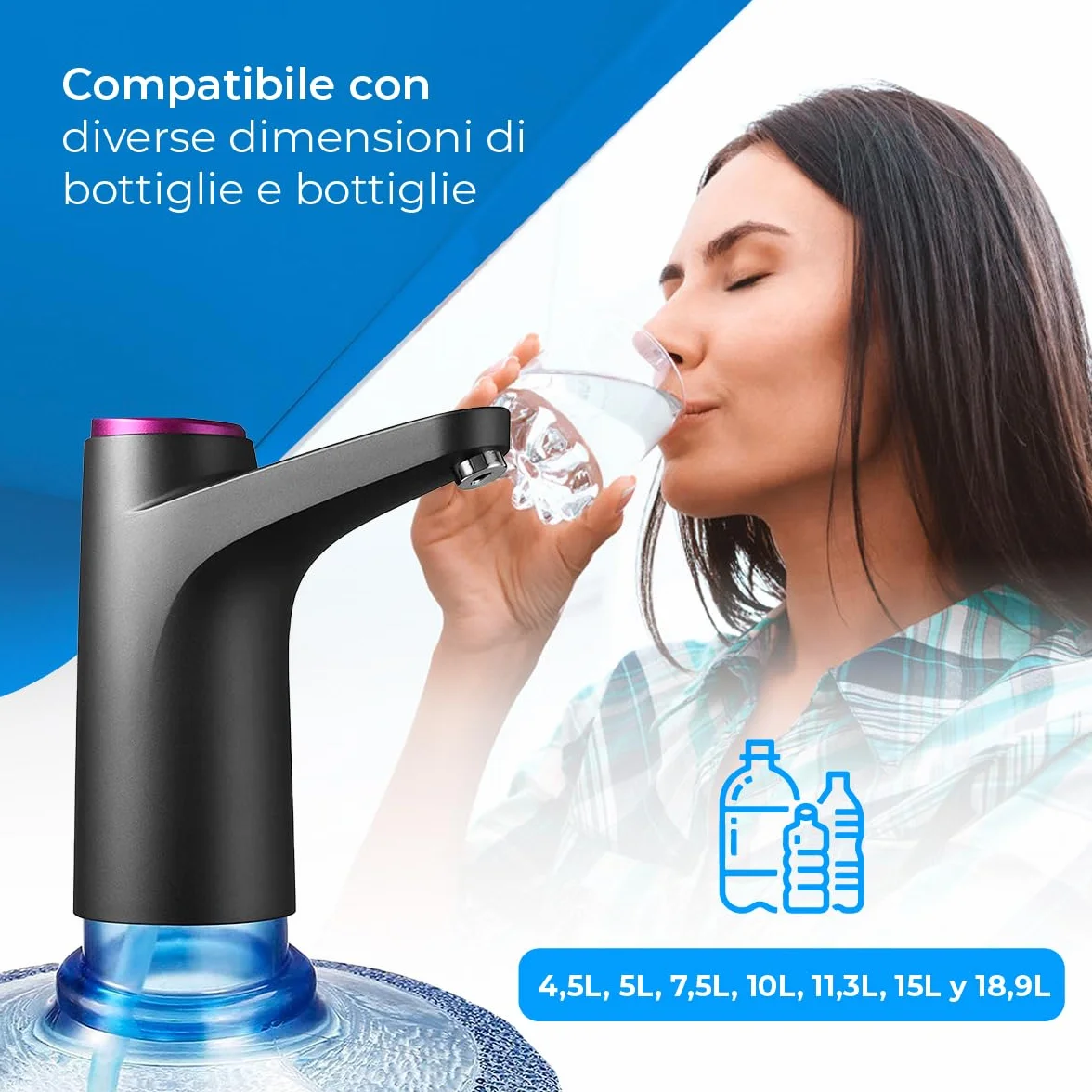Distributore d'acqua NK con Indicatore LED, batteria ricaricabile USB 1200 mAh, silicone, compatibile 4,5-18,9L, adattatore 3,8-4,8cm, nero