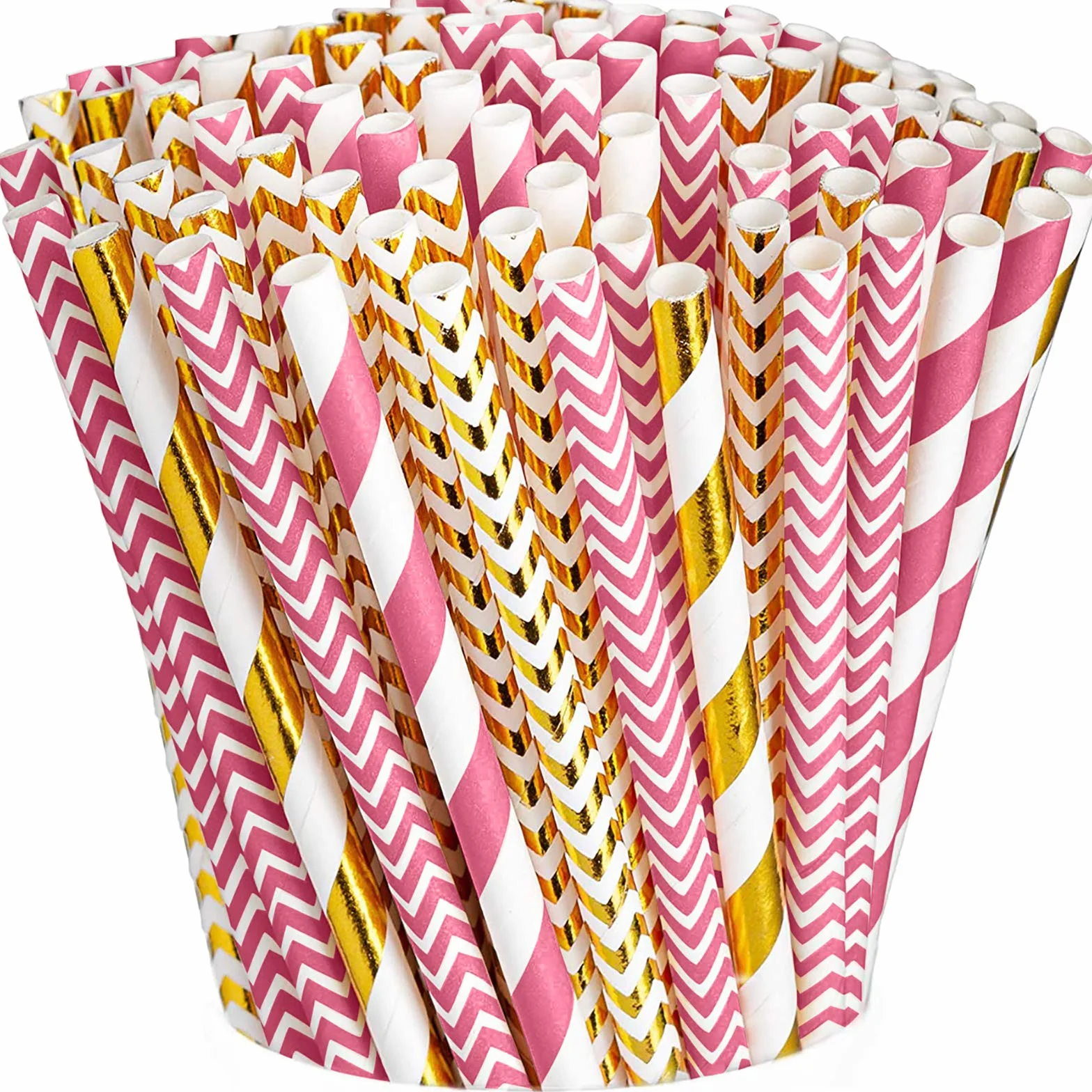 [200 pezzi] Cannucce di carta rosa caldo e oro 100% biodegradabili per feste, adatte a ogni tema