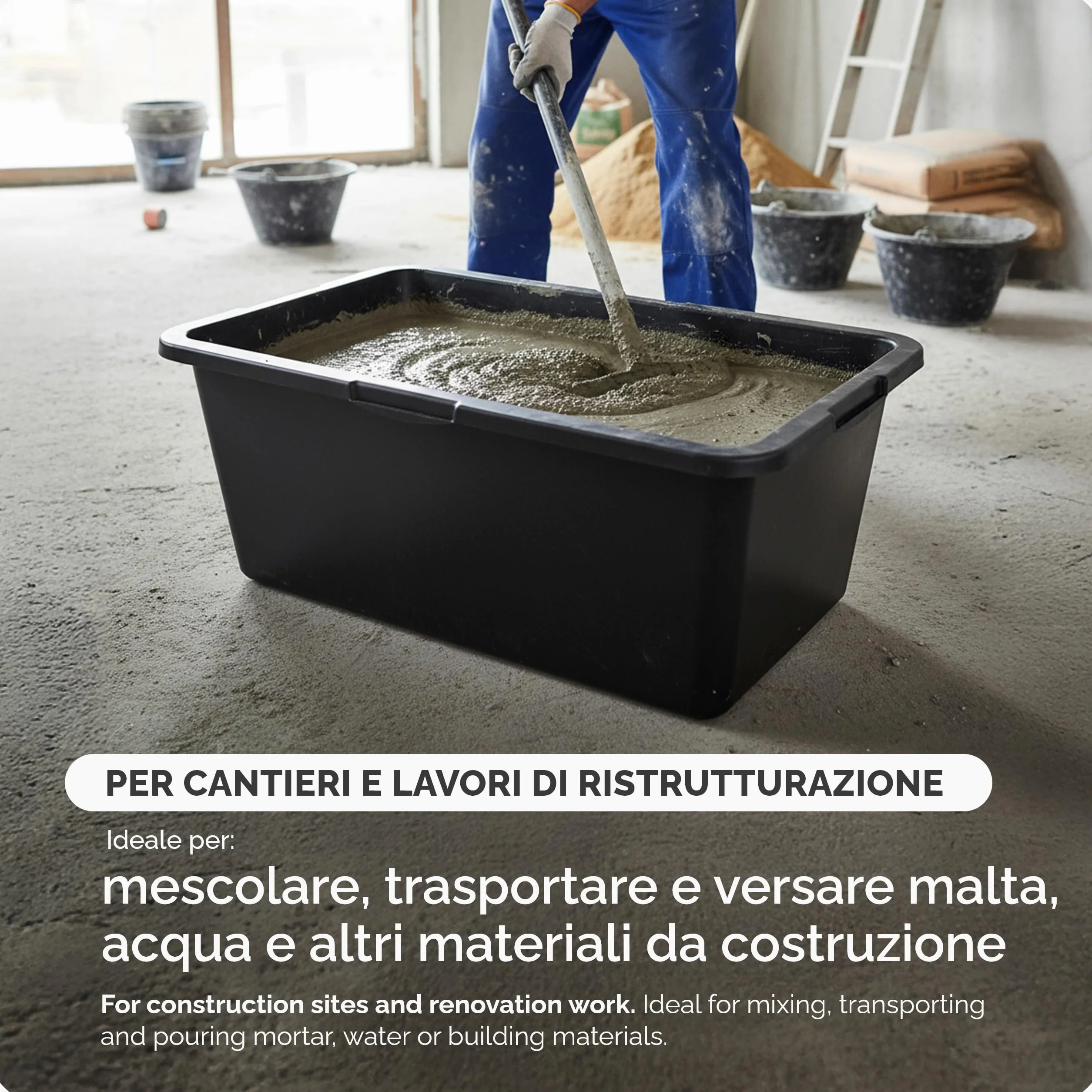 Garronda Vasca per Malta 80 L Rettangolare – mastello robusto in plastica riciclata, contenitore e vasca da muratore per cemento, giardino o officina GD-0169
