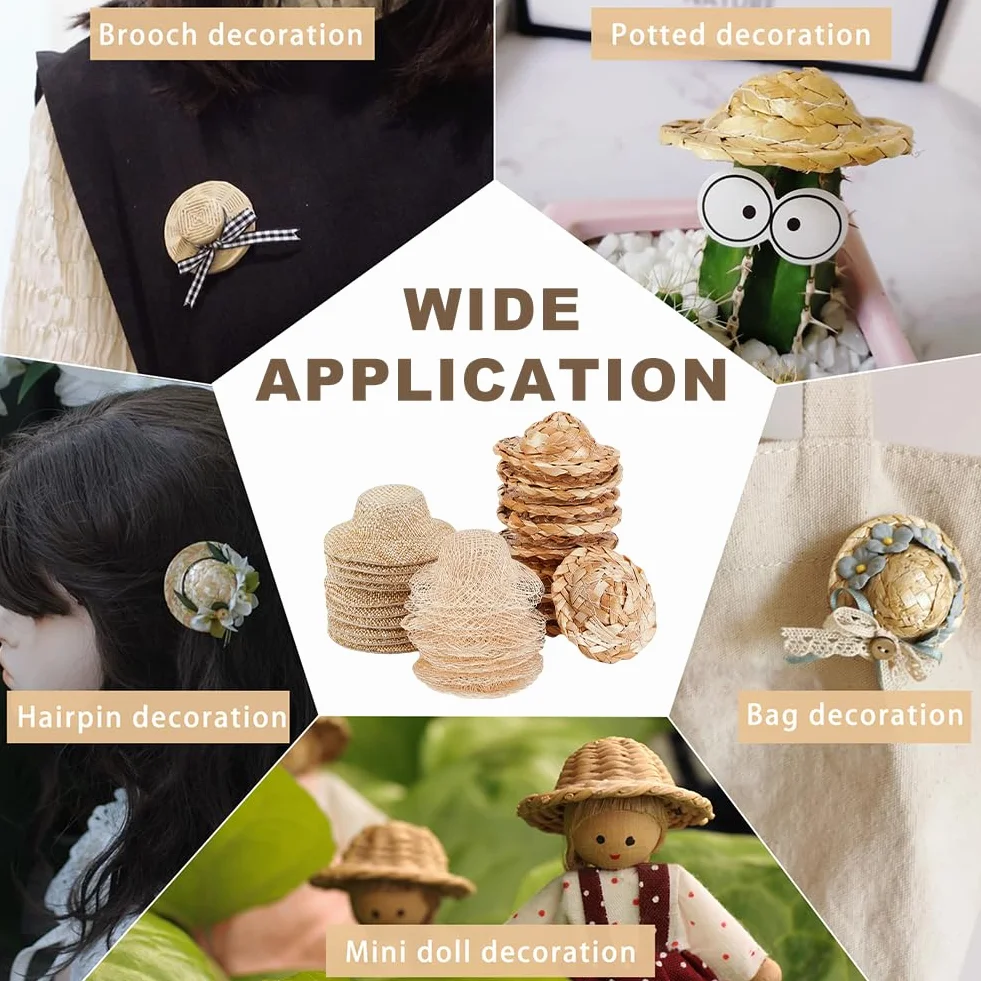 AHANDMAKER 30 mini cappelli di paglia per bricolage, cappelli di paglia per bambole, ornamenti, cappelli di paglia per bambole, tappi in tessuto per decorazioni di abbigliamento, accessori per