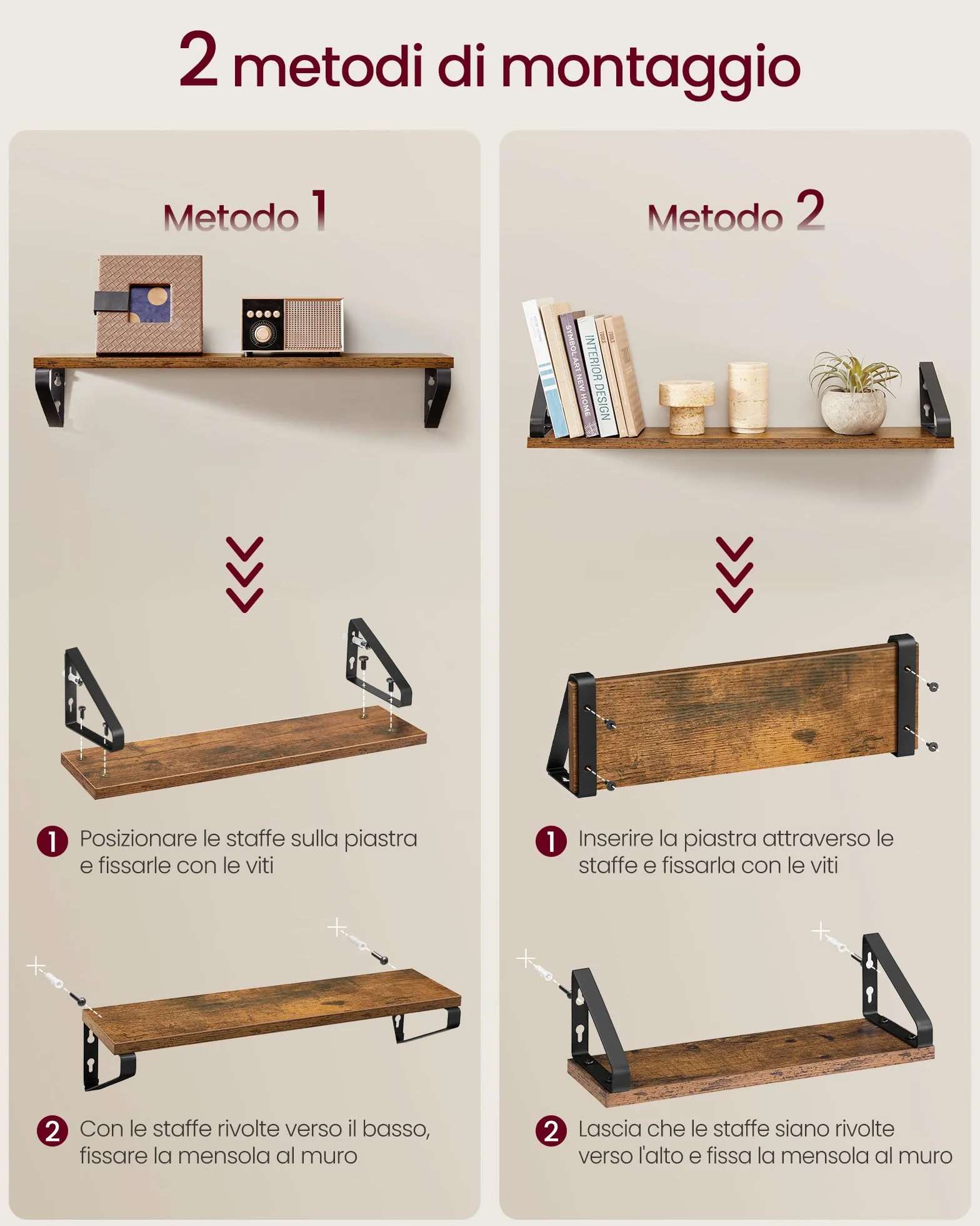 VASAGLE Mensole da Muro, Mensole da Parete, Set di 3, 2 Modalità di Montaggio, 40/50/60 cm, per Soggiorno Cucina Studio Bagno, Marrone Vintage e Nero Opaco LWS043K01