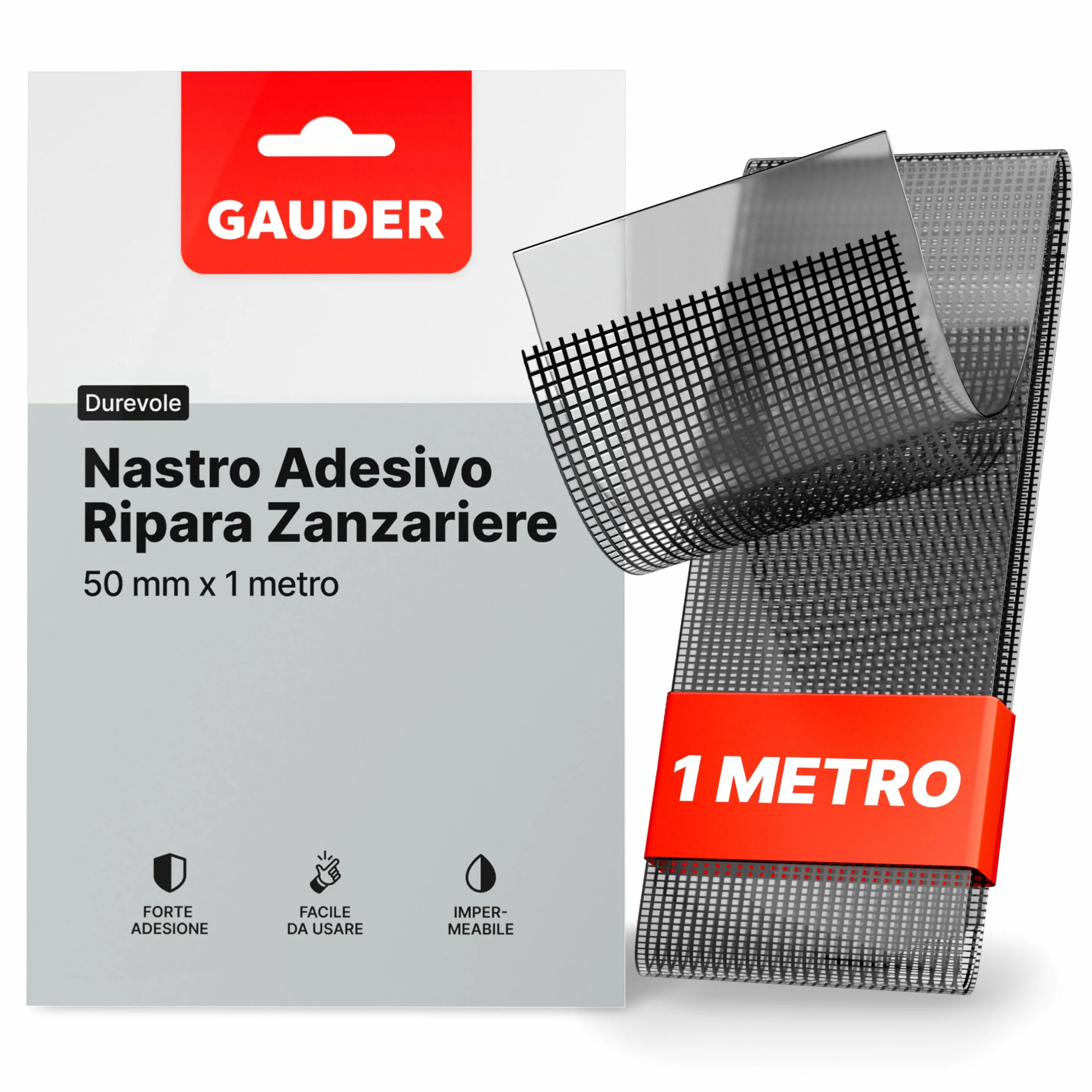 GAUDER Nastro Riparazione Zanzariere - Kit Riparazione Insetti in Fibra di Vetro Autoadesivo - Toppa di Riparazione per Finestra, Porta, Veranda (1 m x 50 mm - nero)