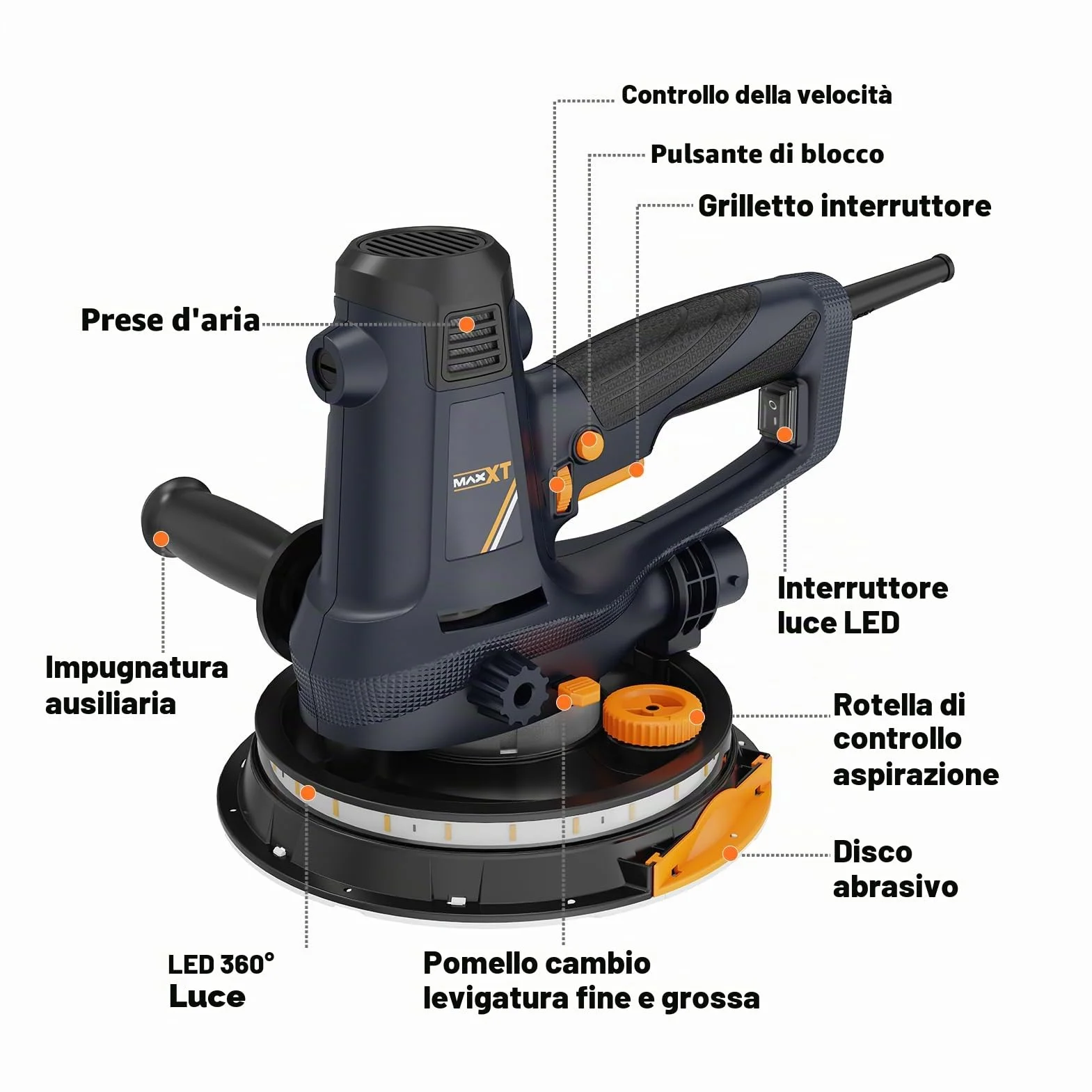 MAXXT Levigatrice per cartongesso 810 W smerigliatrice elettrica 1500-2800 giri/min velocità variabile 8 pezzi