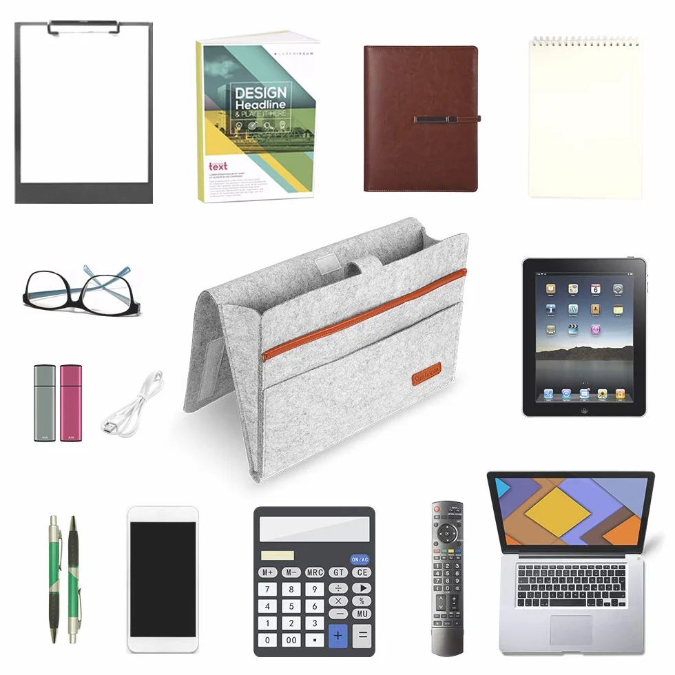 SIMBOOM Organizer per letto, 4 Tasche Portaoggetti per Letto o Divano, Borsa in feltro Comodino per iPad, Tavoletta, Riviste, Telecomando, Cellulare, Occhiali - Grigio Chiaro