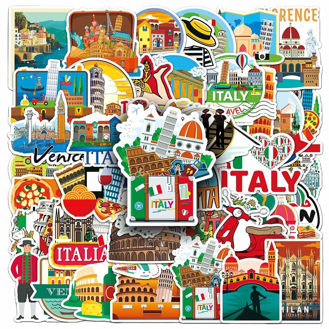 50 Adesivi Italia Impermeabili da Viaggio ZEPIQOR per Valigie, Bagagli, Bottiglia d'Acqua, Skateboard, Chitarra, Laptop