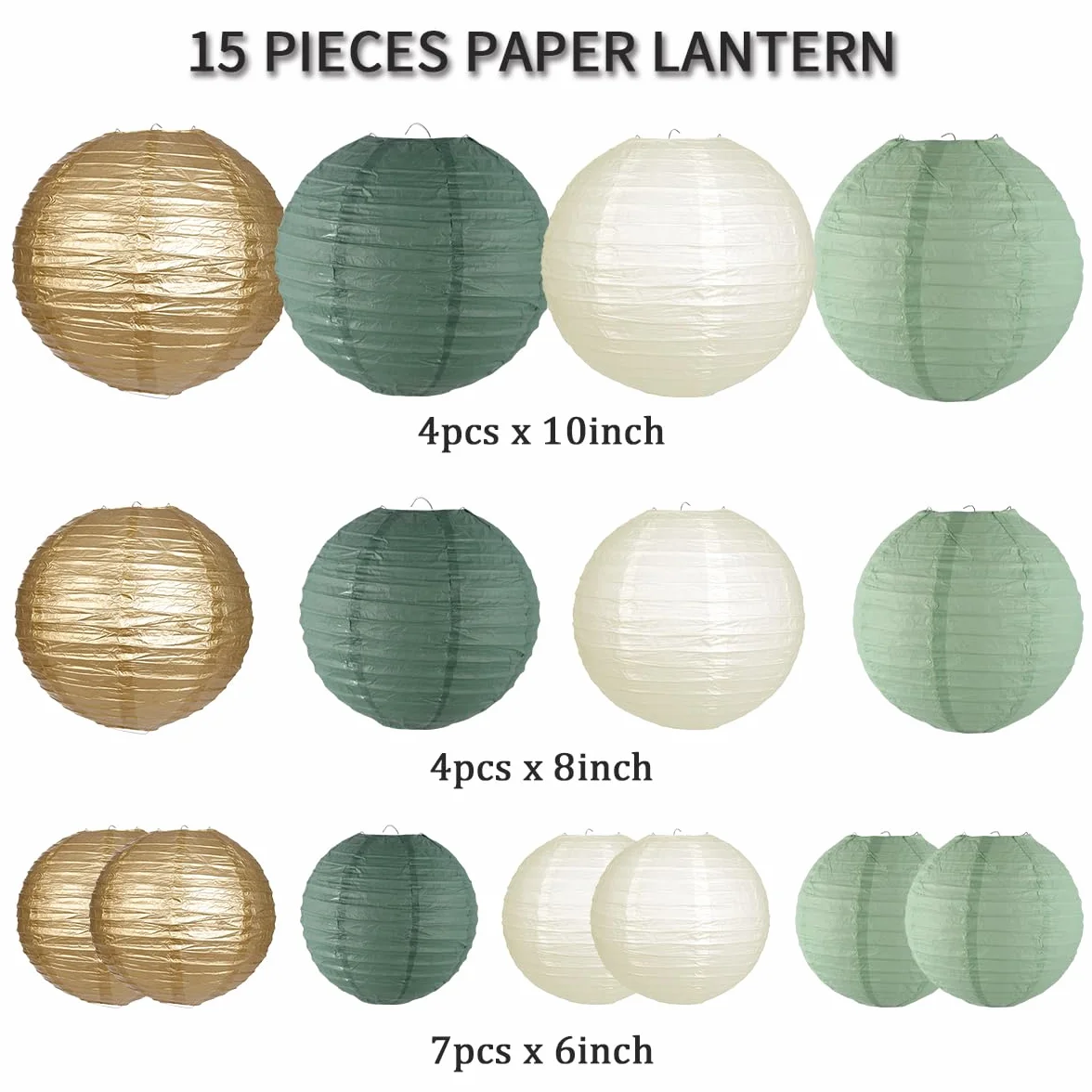 Lanterne di carta decorative, lanterne di carta rotonde da appendere, decorazioni per feste rustiche, addio al nubilato, matrimoni, verde salvia, forniture per feste di compleanno, oro/avorio/verde