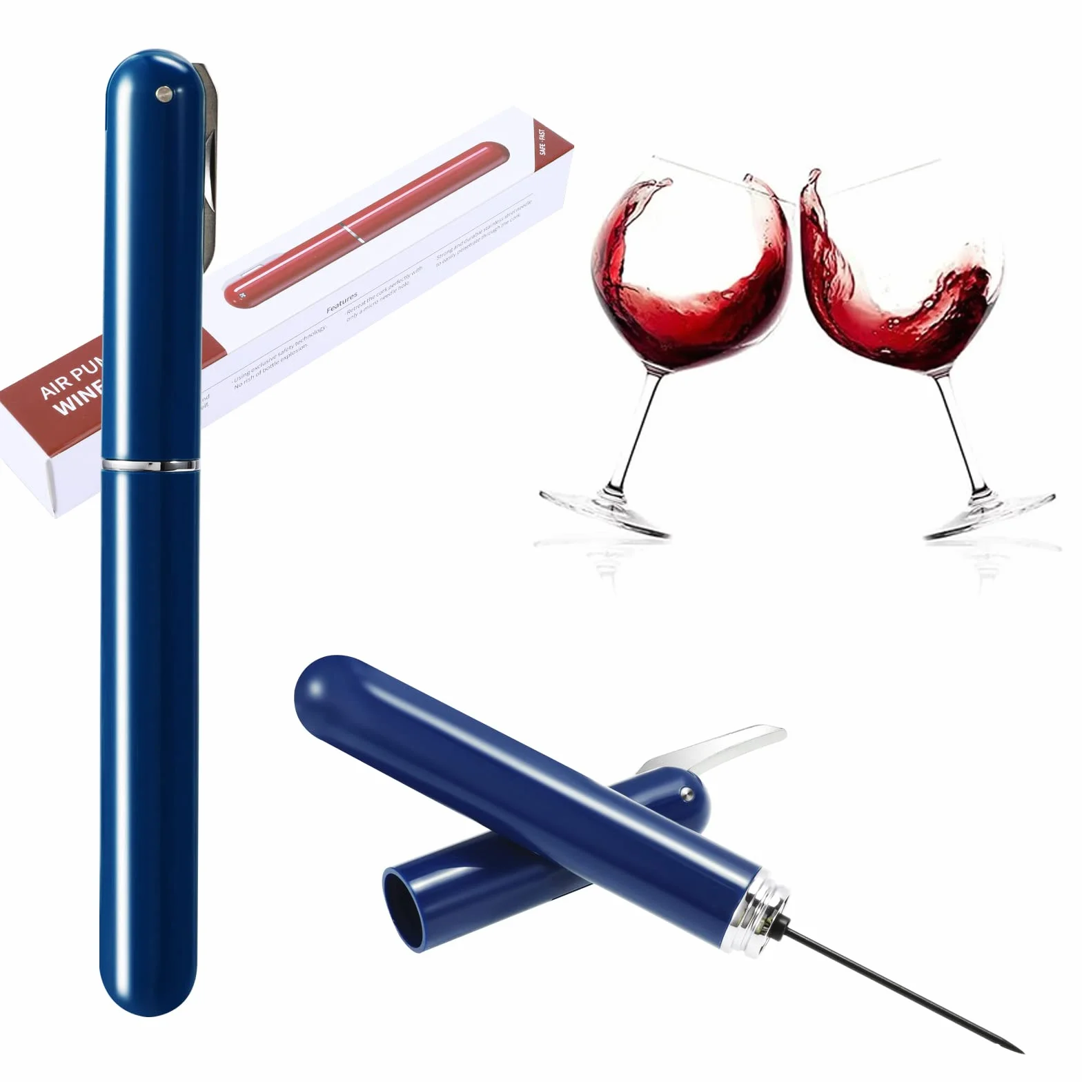 Apribottiglie per vino con pompa ad aria compressa, design 2 in 1, 7S, apertura rapida, apribottiglie a pressione con tagliacapsule, ottimo regalo per gli amanti del vino, blu