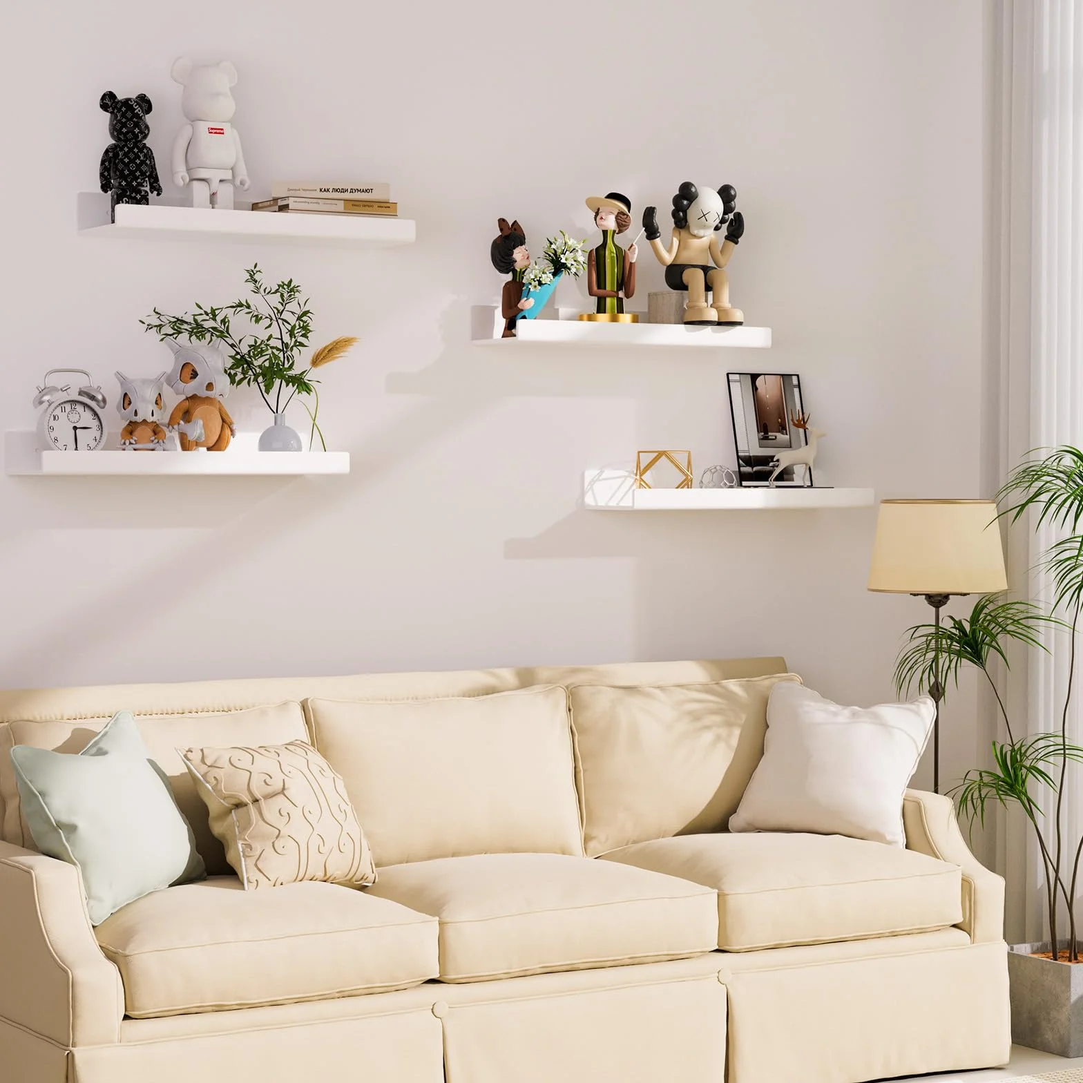 Gucass 4 Pezzi Acrilico Mensole da Muro Senza Foratura, Bianco Mensole da Parete 30cm, Mensola Adesiva Floating Shelves, per Cameretta, Bagno, Cucina, Salotto, Camera, Studio