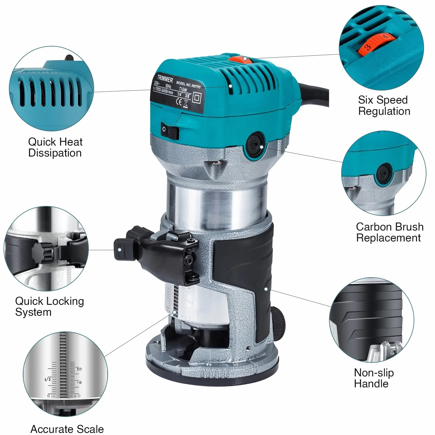 fresa a mano per legno, multifunzione 710 W + 15 pezzi, fresa in metallo duro da 6,35 mm