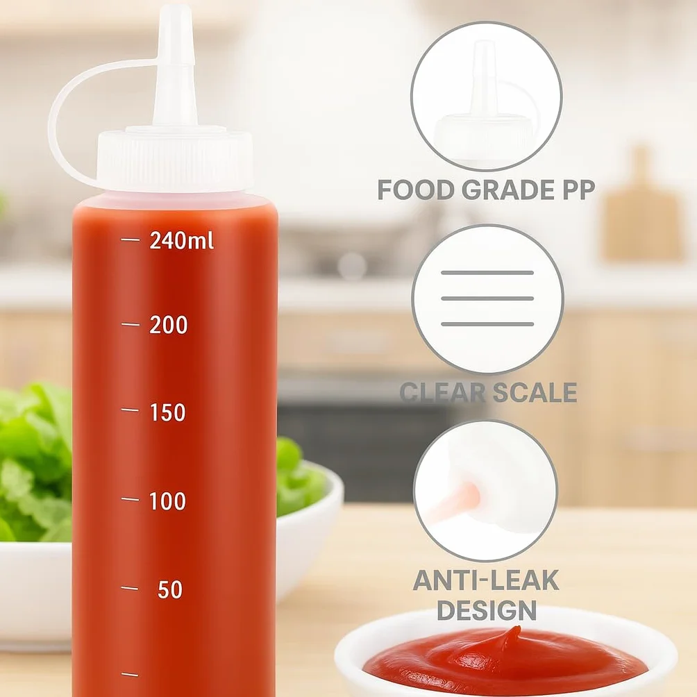 Flacone Dosatore 240ml 6 Pezzi Senza BPA Bianco – Flaconi Spremi Cucina Anti-Perdita per Salse Ketchup Senape Olio