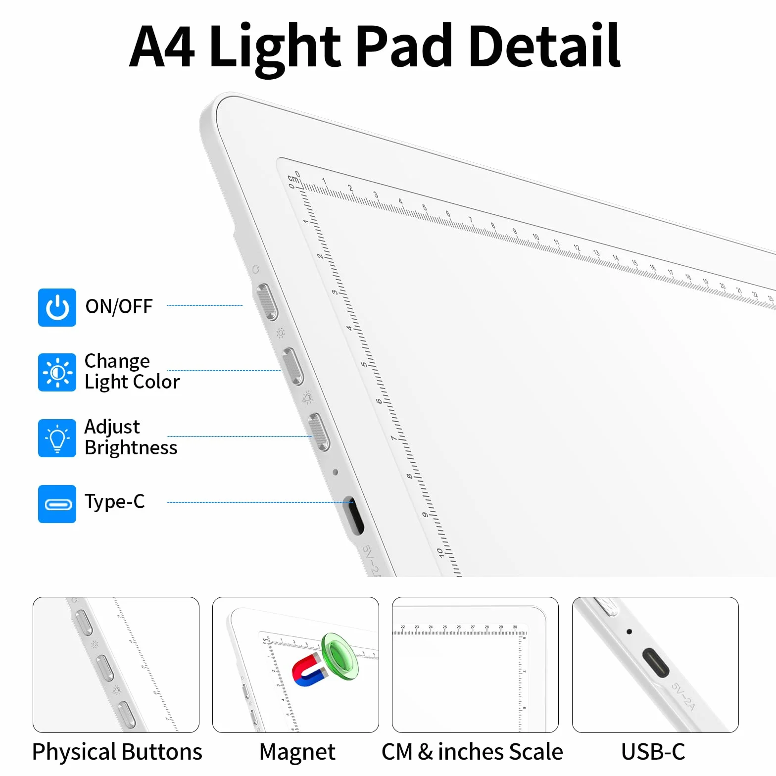 TOHETO Lavagna luminosa ricaricabile A4 con supporto, cuscinetto luminoso magnetico super luminoso con pulsanti laterali,scatola luminosa wireless per tracciare e disegnare,tavolo luminoso LED -Bianco
