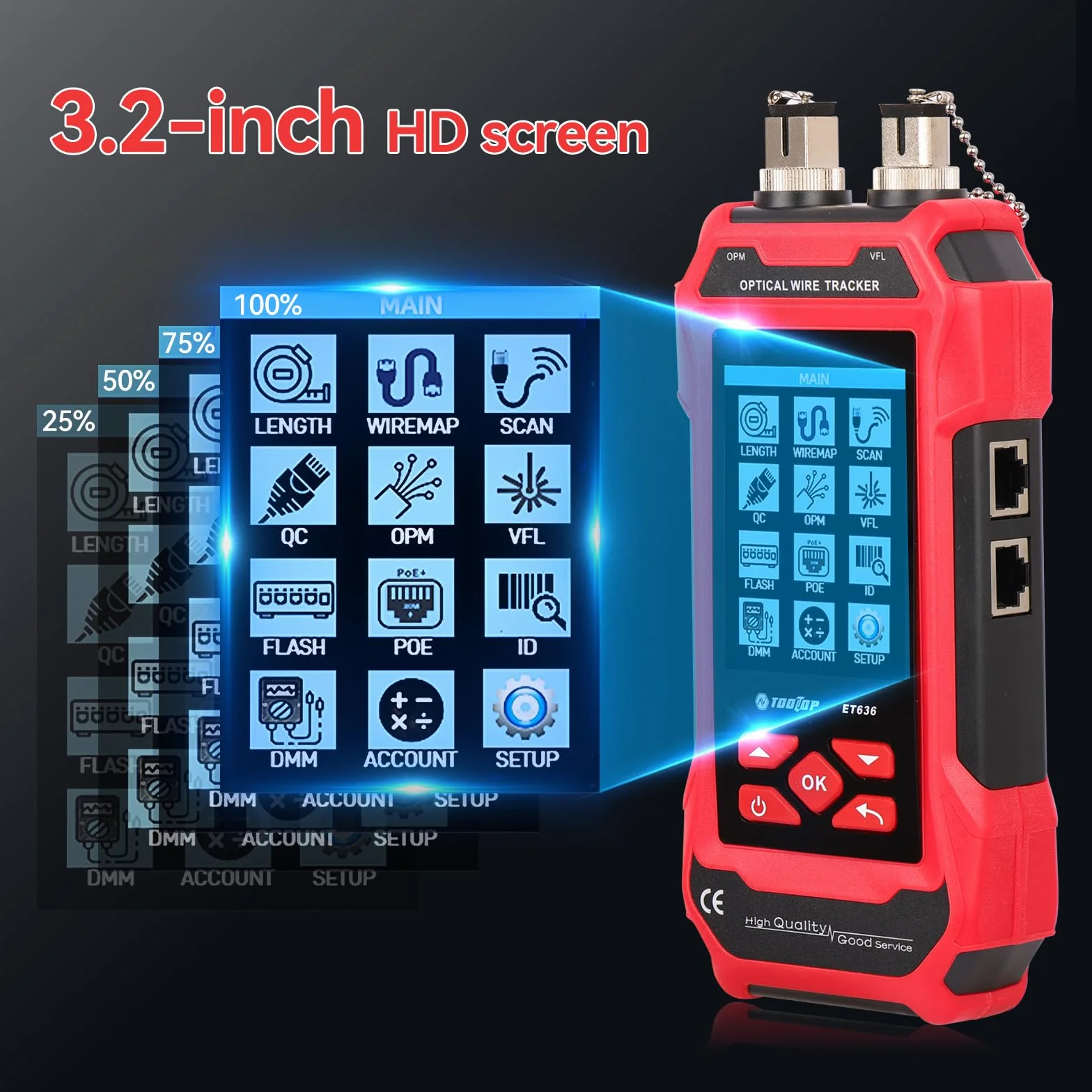 Tester per cavi di rete RJ45/RJ11/BNC – Misurazione lunghezza, rilevamento guasti, PING, PoE, tracciamento tono, display LCD multifunzione