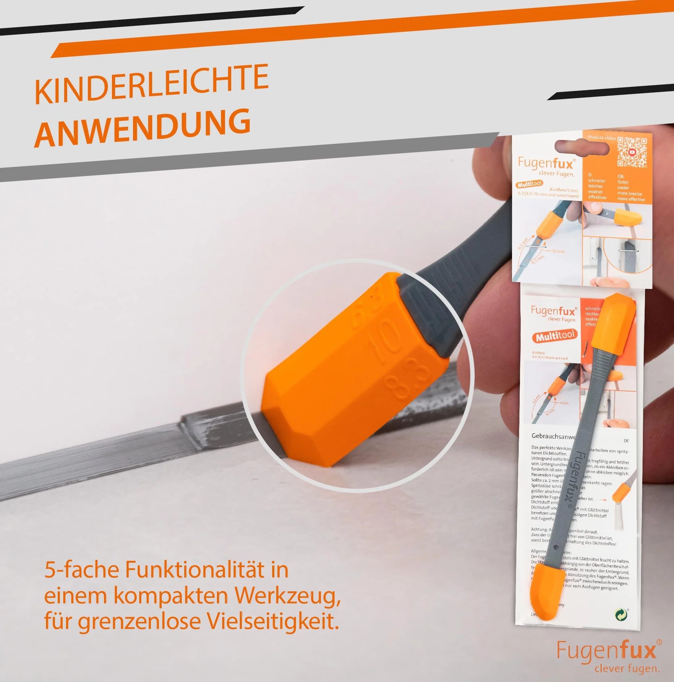 FUGENFUX® Modello 2025 MULTITOOL - Estrattore fughe 2 in 1 con rivoluzionaria punta magica e 5 stampi per fughe - Piastra versatile, Estrattore silicone, Made in Germany, ideale per silicone, acrilico