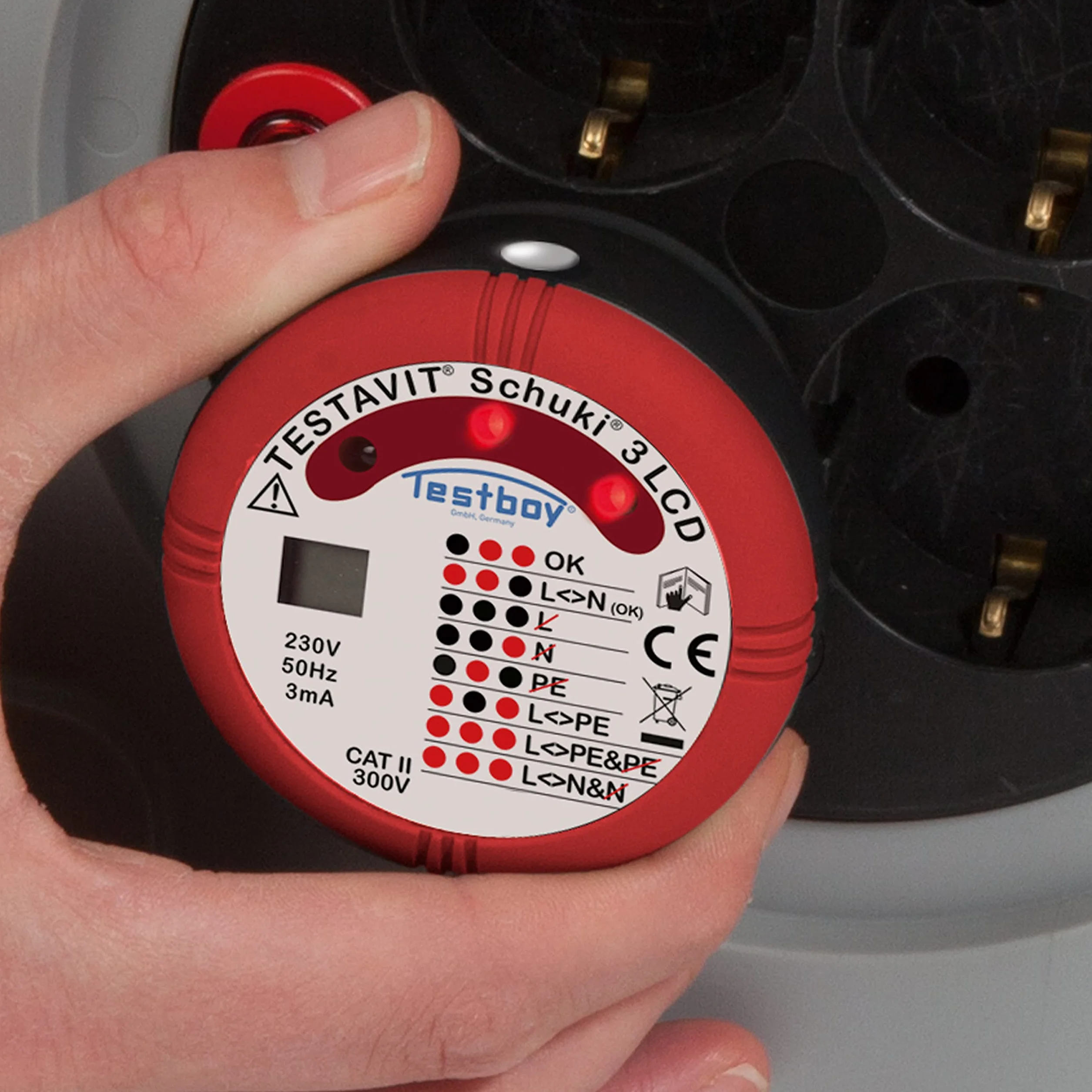 Testavit Schuki 3 Tester per prese LCD e contatto dito per il controllo del collegamento del conduttore di protezione (indicatore LED, controllo sicuro), rosso/nero