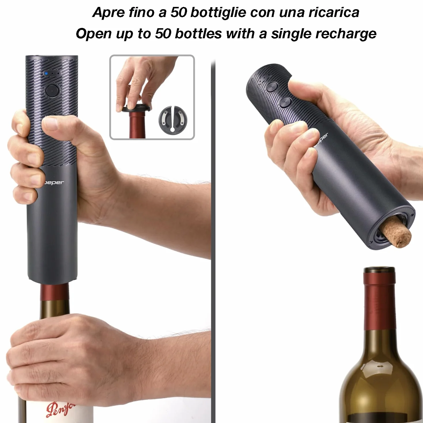 BEPER P102ACP103 Cavatappi Elettrico Ricaricabile USB, Apribottiglie Vino, Con Taglia Capsule, Per Tappi in Sughero e Sintetici