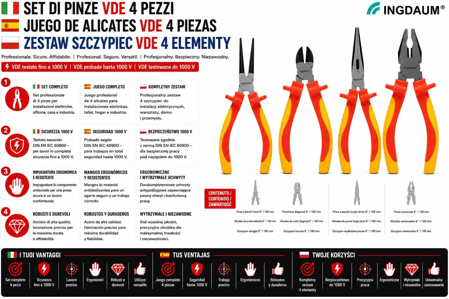 Set INGDAUM VDE 4 pinze 6" 160 mm 1000 V isolato tronchese laterale becchi mezzotondi curvi becchi tondi universale