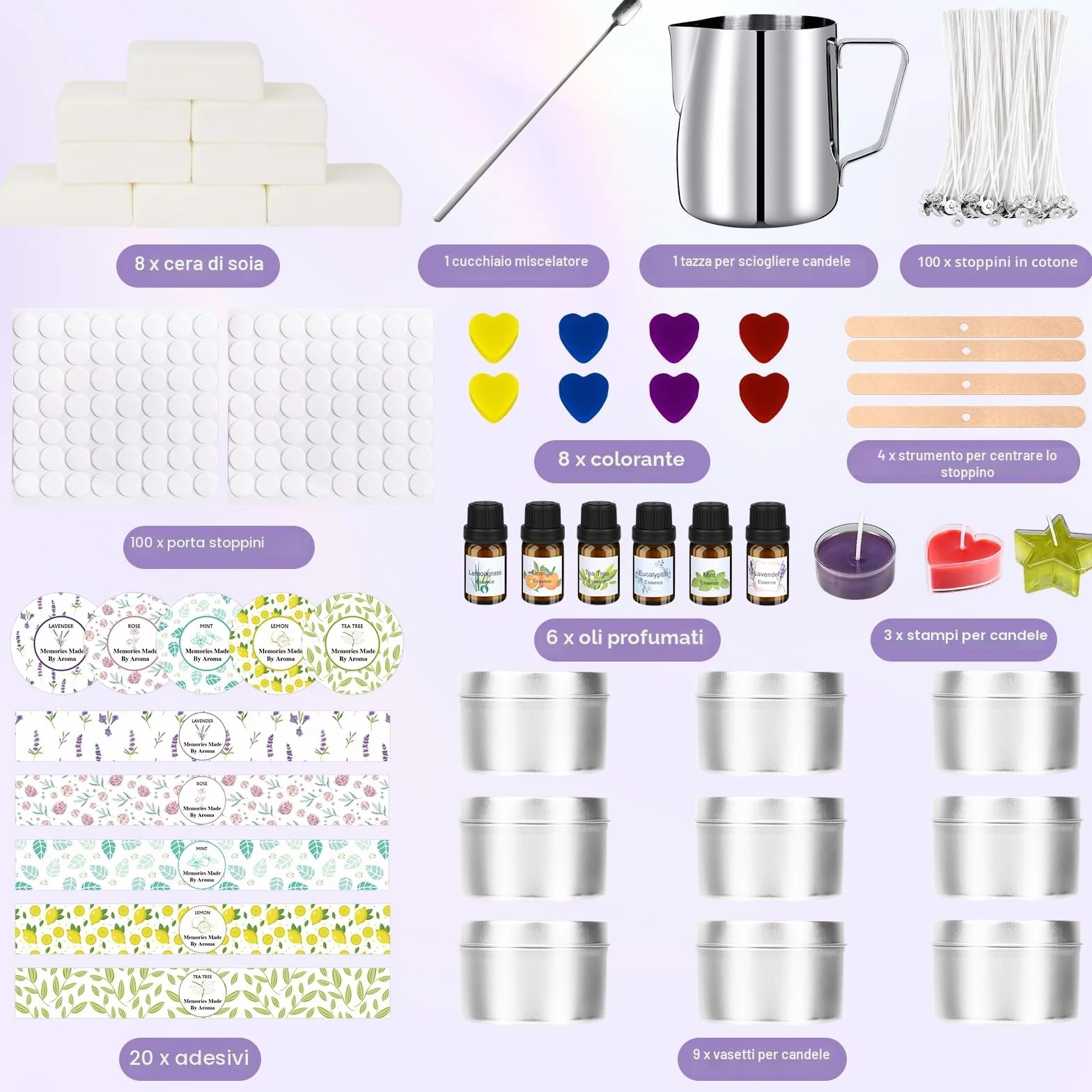 LDUMODUW Set di candele fai da te, kit fai da te per adulti, principianti, candele profumate, set regalo con cera di soia 480 g, 9 barattoli di candela, 8 colori di candela, stoppini
