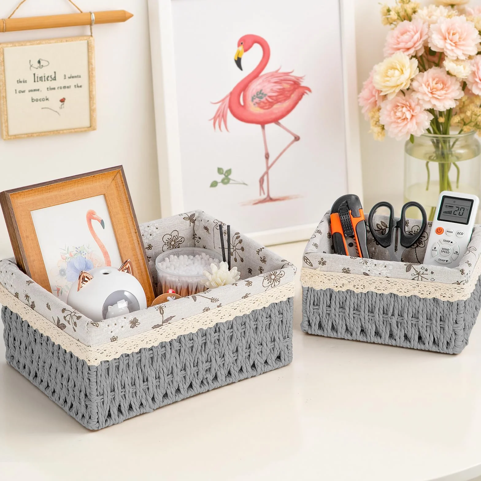 Cestini Portaoggetti, Set di 3 Cestini Portaoggetti Bambini Cesto Cestino porta Giocattoli Cestino da Bagno Cesto Vimini Corda di Carta Cestino Porta per Camerette, Bagno, Cassetti(Grigio)