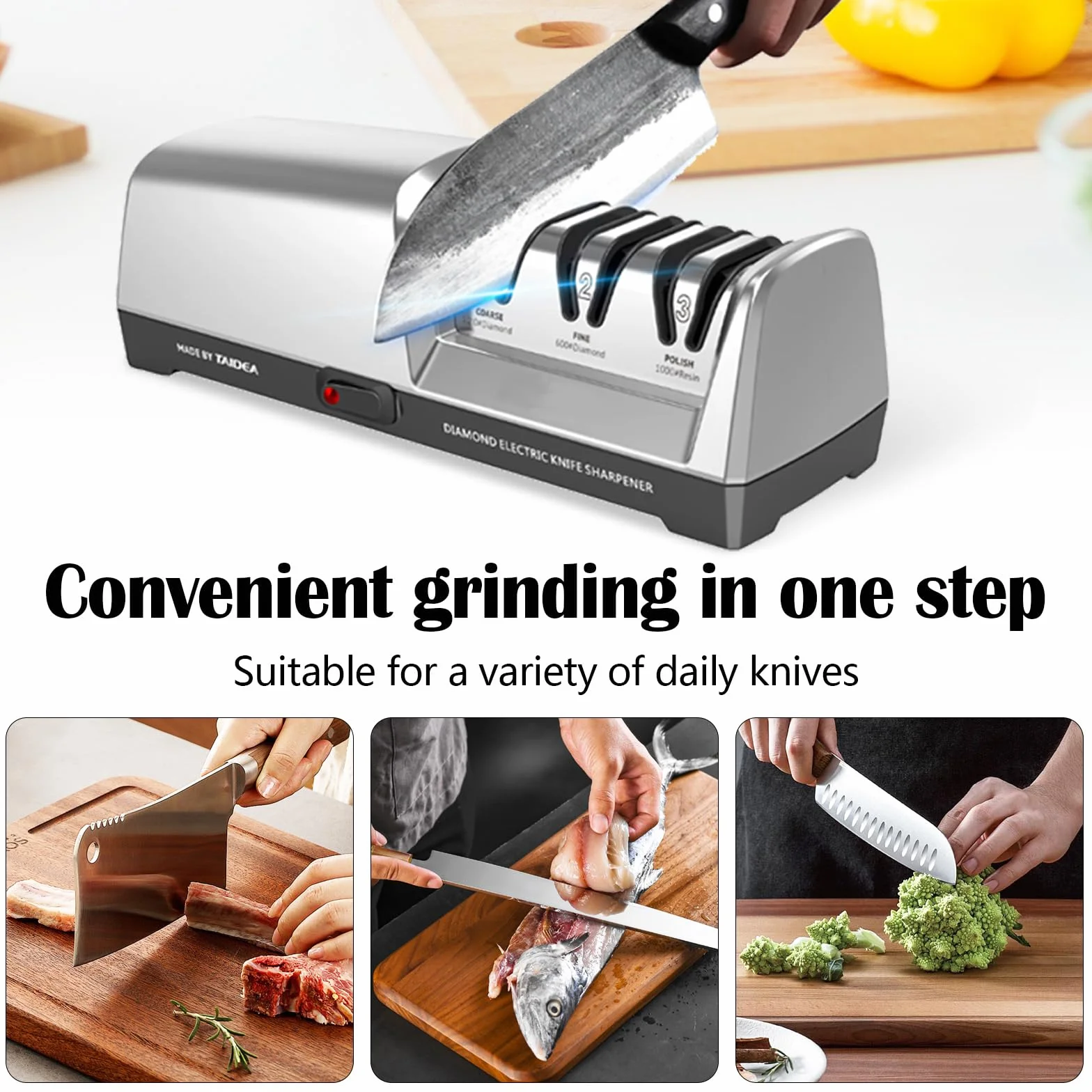 Affilacoltelli Elettrico, Affilacoltelli da Cucina A 3 Livelli Affilacoltelli Diamantato Professionale Per Molatura Grossolana Riparazione E Affilatura Coltelli