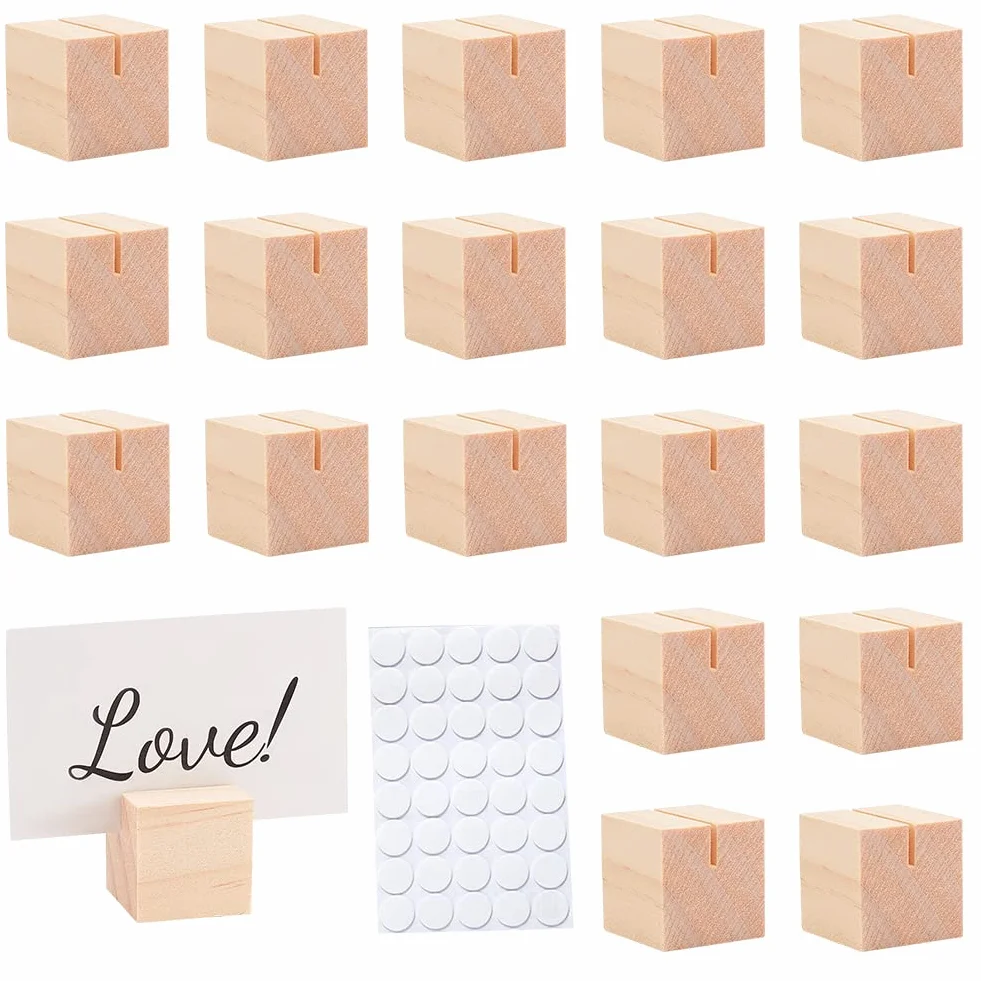 OLYCRAFT 20 pezzi portacartellini in legno 11g Burlywood Supporto per numeri di tavolo in legno massiccio Portacartellini per etichette di nome Immagini Segni riservati Etichette Menu - 30x30x30mm