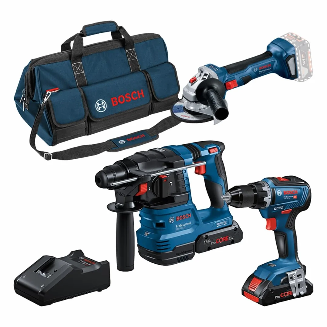 Bosch Professional Combo Kit GSR 18V-55 + GWS 18V-7 + GBH 18V-22 (incl. 2 batterie ProCORE 4.0Ah, caricabatteria GAL 18V-40, in borsa per gli attrezzi media)