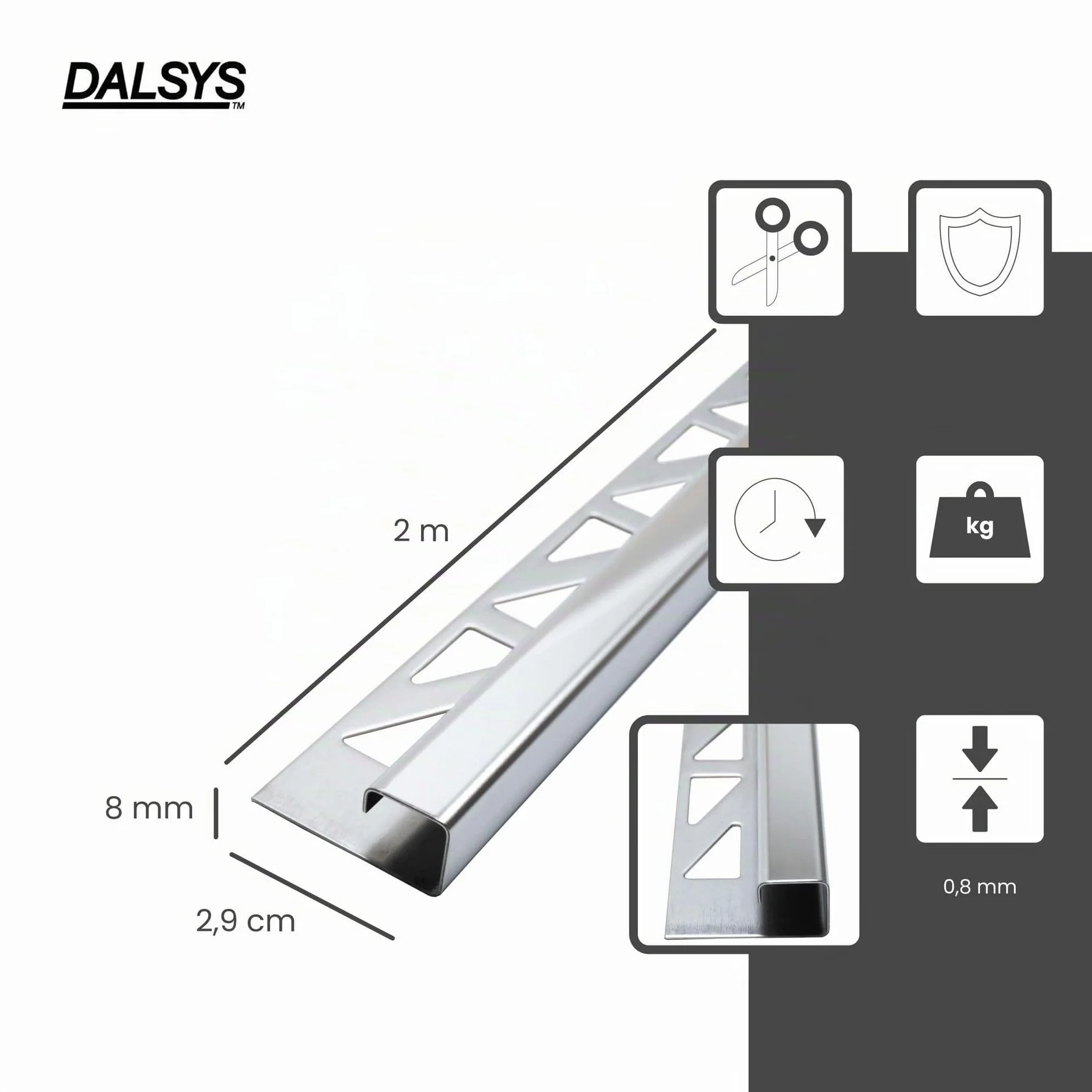 Profilo per piastrelle, profilo quadrato, acciaio inox altezza 8mm, lunghezza 200cm, brunito paraspigoli muro, profili acciaio inox, profilo