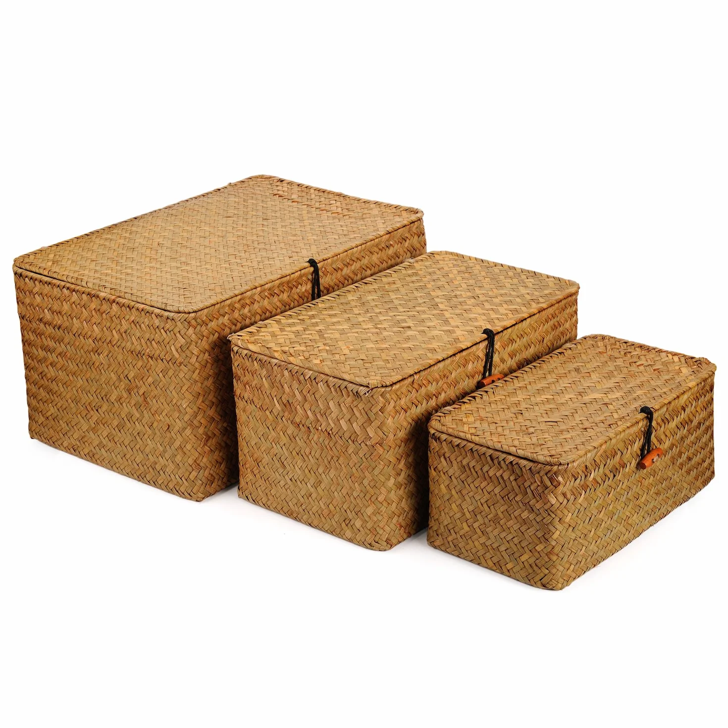 Seagrass Cesta Vimini con Coperchio Cestini Portaoggetti Naturale 3 Pezzi (Grande + Medio + Piccolo)