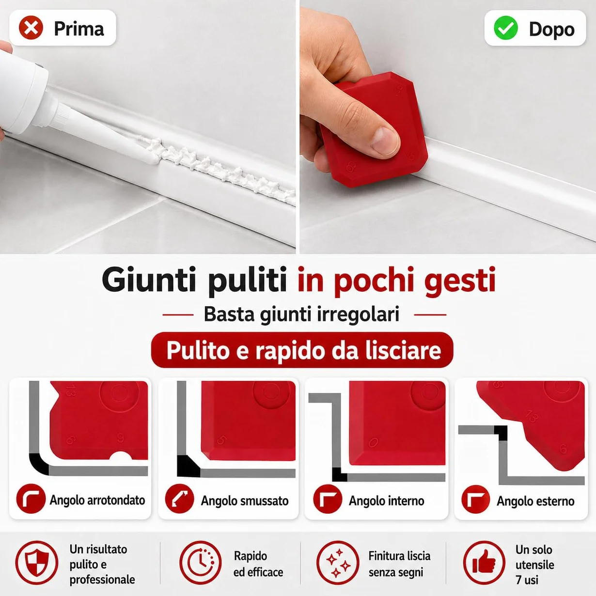 MARELI SERIE 7 - Spatola per Silicone Raschietto Togli Silicone Spatole per Silicone Calafataggio Flex Kit Silicone 7 in 1 Spatola Silicone Sigillante Professionale con Grout Remove per Bagno,Cucina