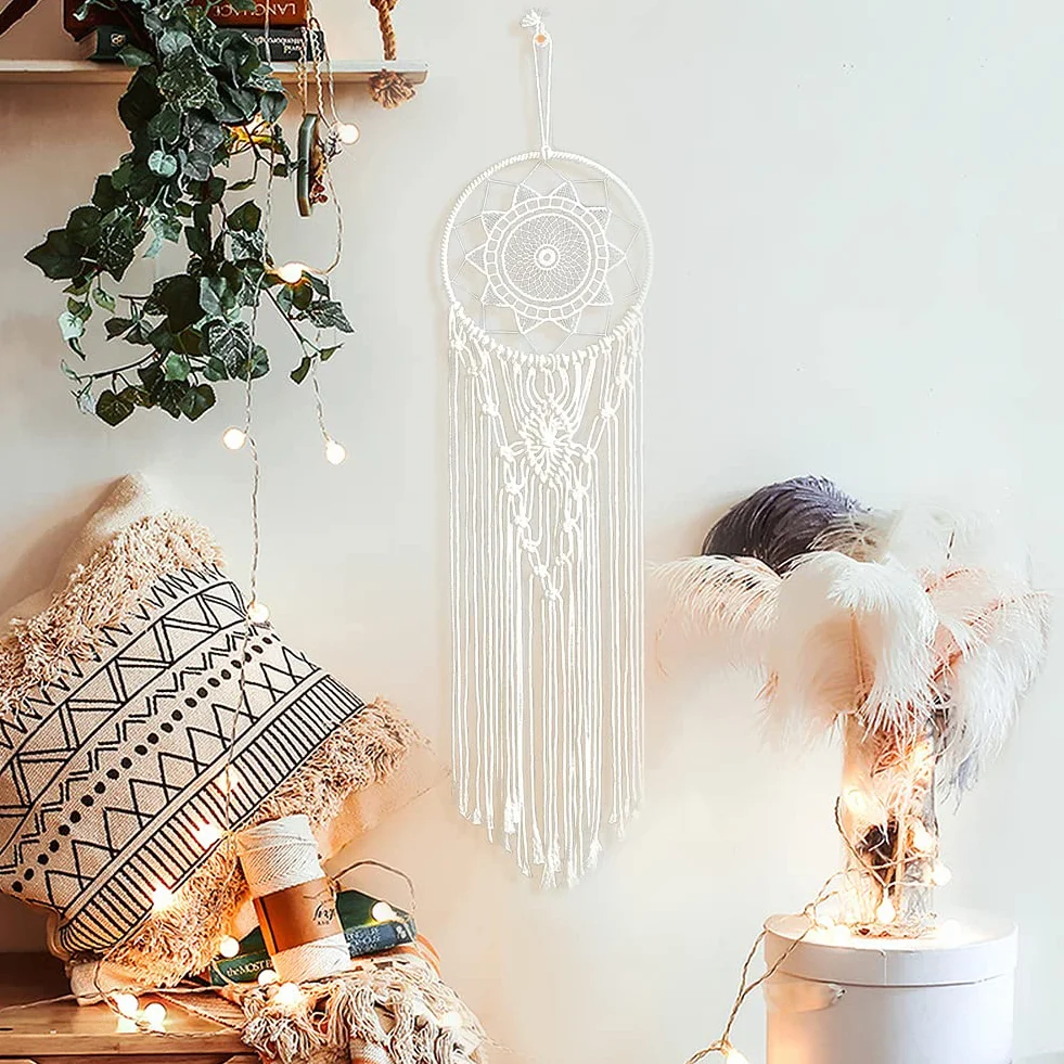 Acchiappasogni Macrame Tessuto Appeso a Parete Bohémien Wall Decor fatto a Mano Grande Dream Catcher Ornamento Regalo Artigianale