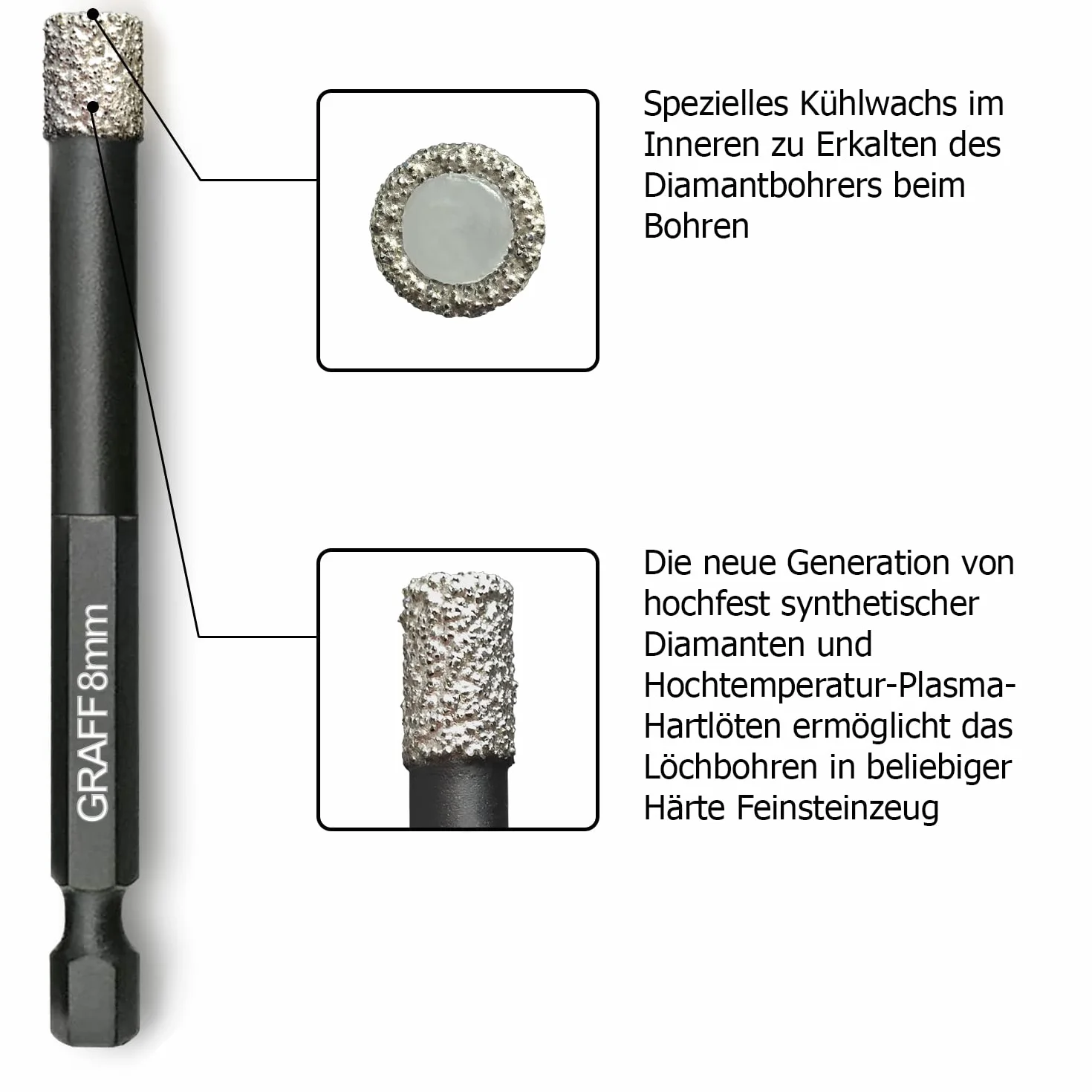GRAFF 8mm Punte diamantate Gres Porcellanato – Punte Trapano Professionali per Piastrelle, Mattonelle, Granito, Ceramica, Pietra – Trapano con codolo esagonale