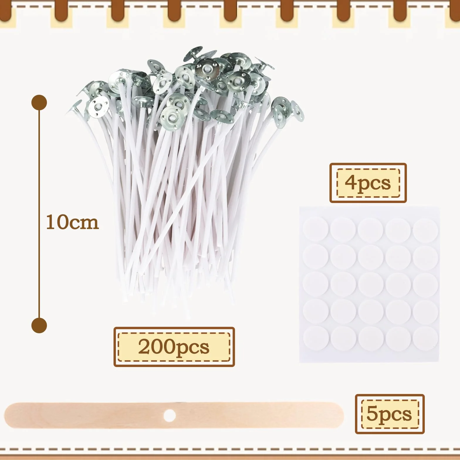 ASelected Set di 200 stoppini per candele da 10 cm, con supporti e adesivi di fissaggio, stoppini per candele senza fumo, stoppini in cotone per candele fai da te