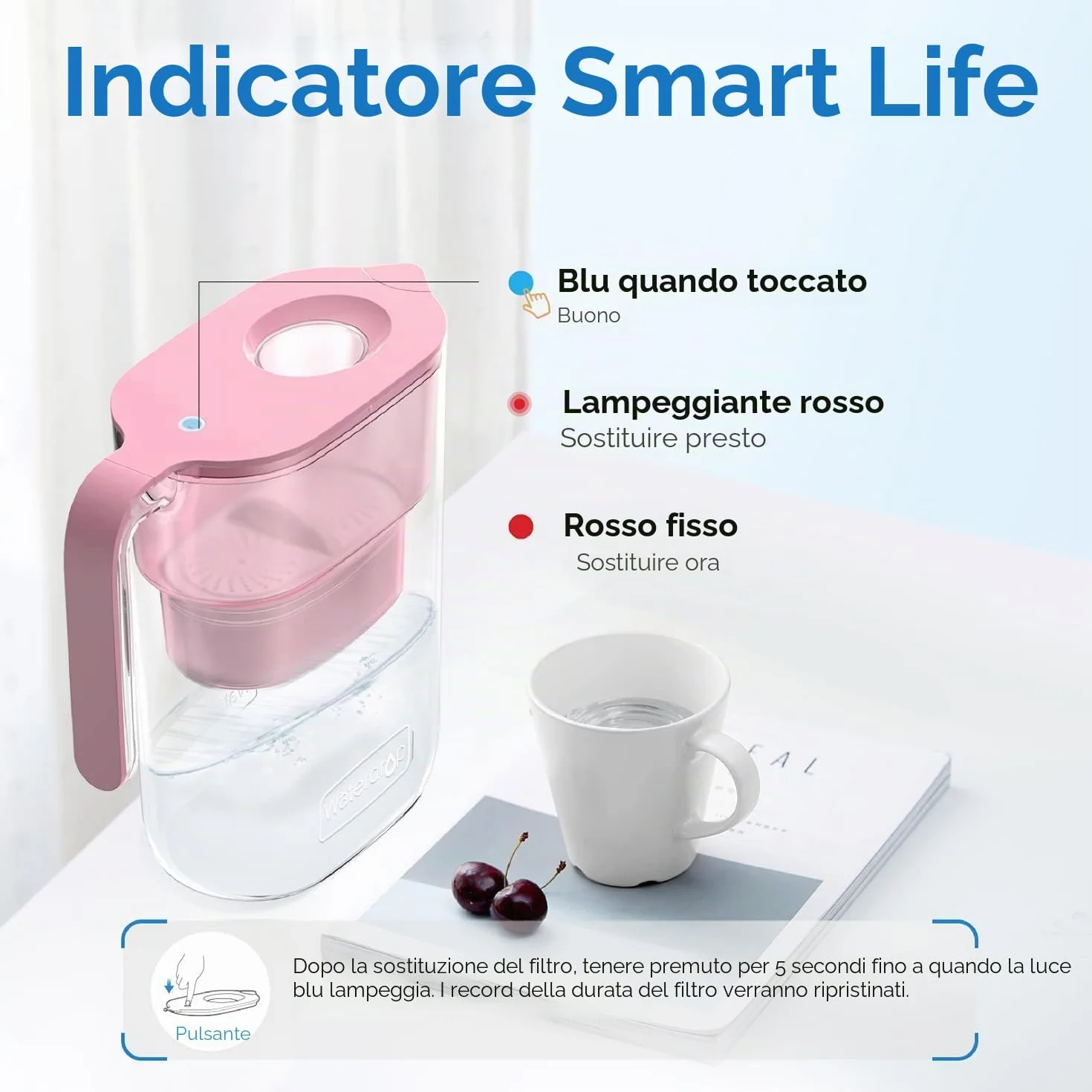 Waterdrop Elfin 2.5L Caraffa Filtrante per Frigorifero NSF Certificato, Riduce Piombo Fluoro Cloro, Senza BPA, Rosa