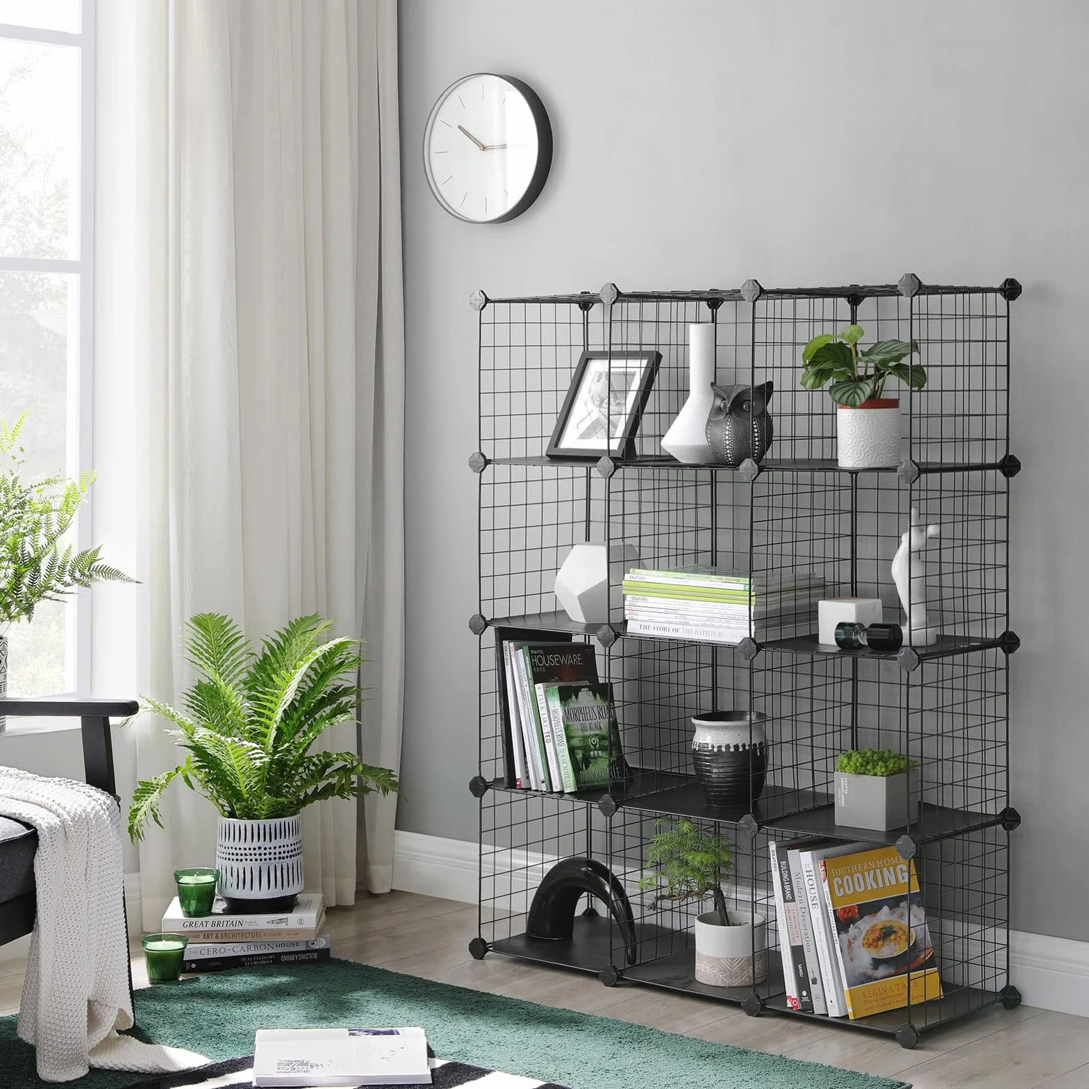 SONGMICS Scaffale a 12 Scomparti di Griglia Metallica, Organizzatore Modulare ad Incastro con Pannelli di Plastica PP, per Libri Scarpe Vestiti, Soggiorno Bagno, 31 x 93 x 123 cm, Nero LPI34H