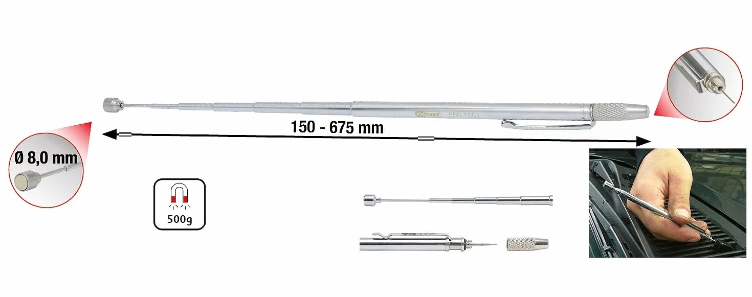 KS Tools 550.1001 Magnete Asta Telescopica 2 in 1 Fino a 0.5 Kg, con Ago di Pulizia, 150-675 mm