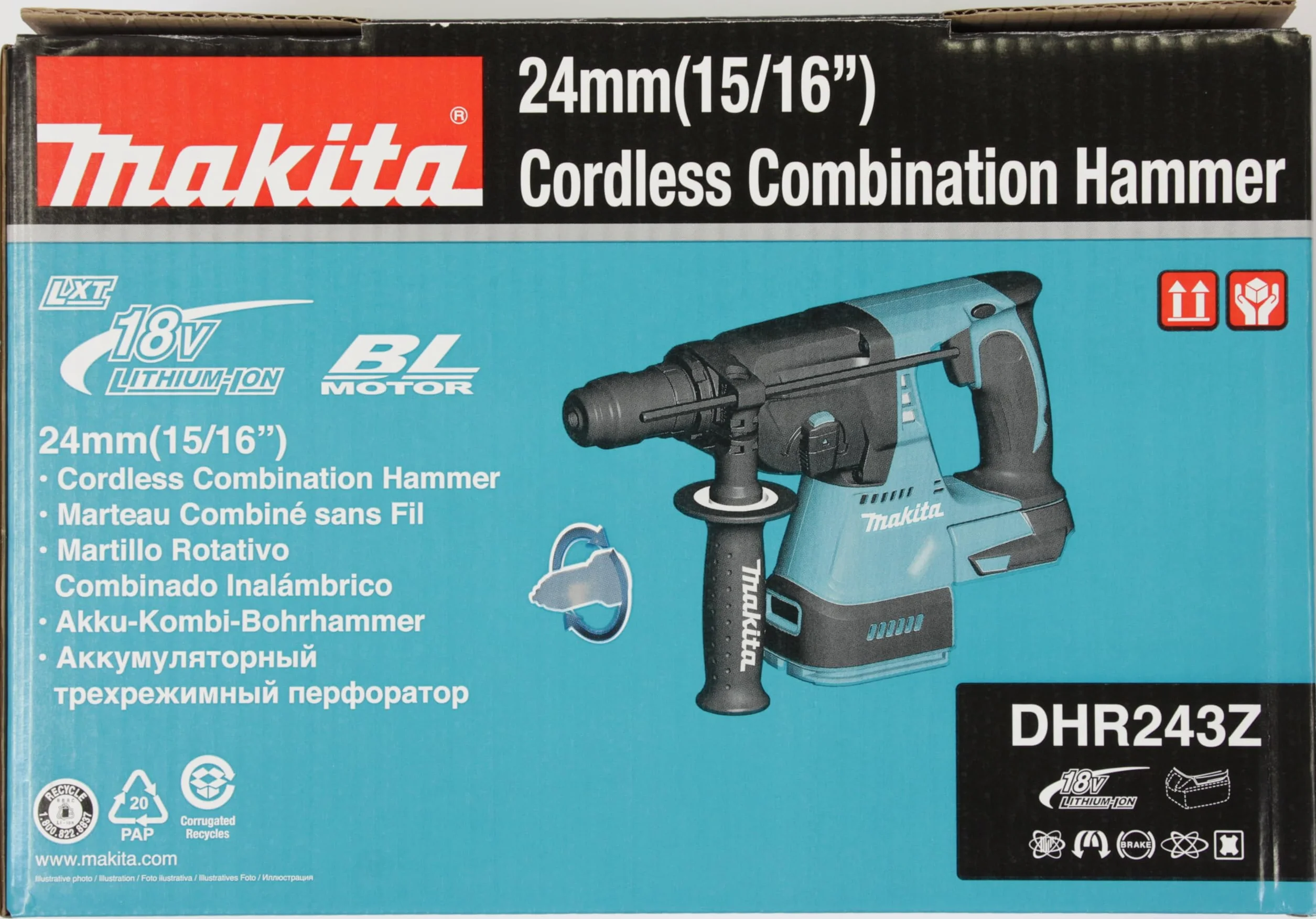 Makita DHR243Z DHR243Z-Martillo ligero 18V SDS-Plus Litio-Ion 24 mm BL (portabrocas) Solo Maquina sin cargador Ni bateria, 1 V, Nero, Large