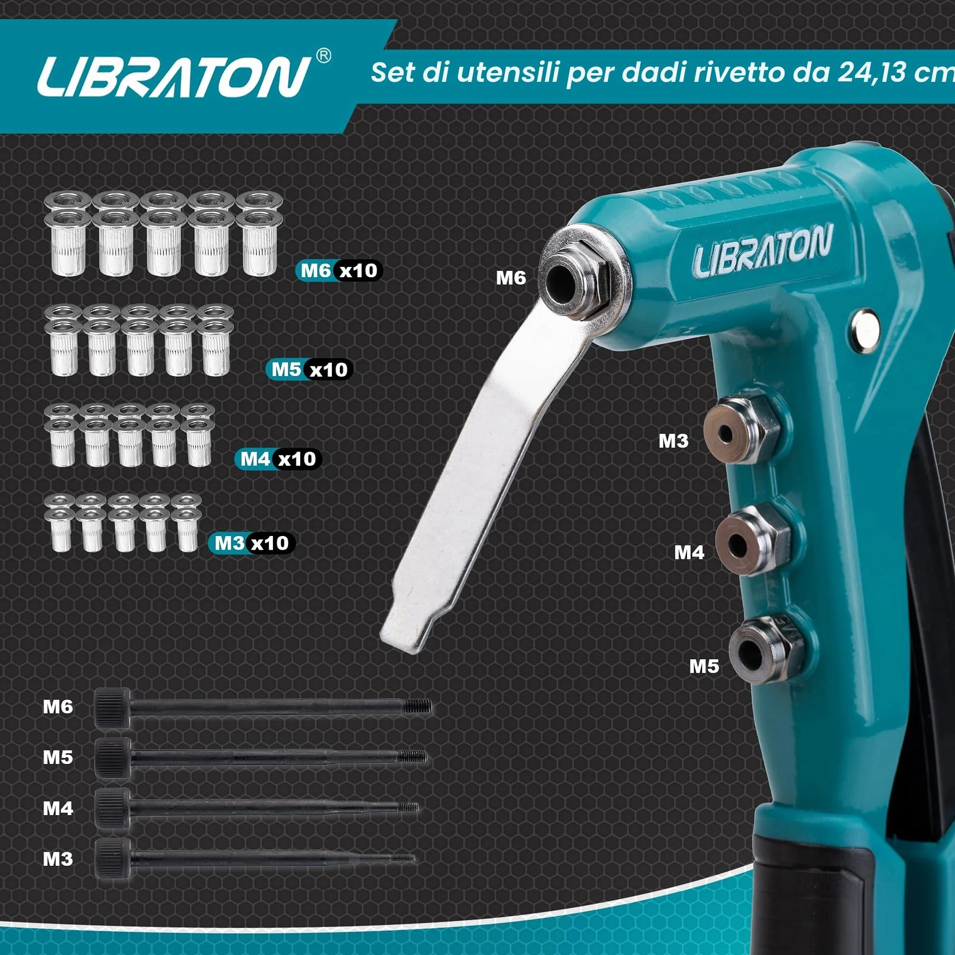 Libraton Dado Rivettatrice Professionale 9,5", Pistola Rivetti Inserti Filettati, Pinza Manuale Rivetti Dadi, 40pz Dadi M3 M4 M5 M6